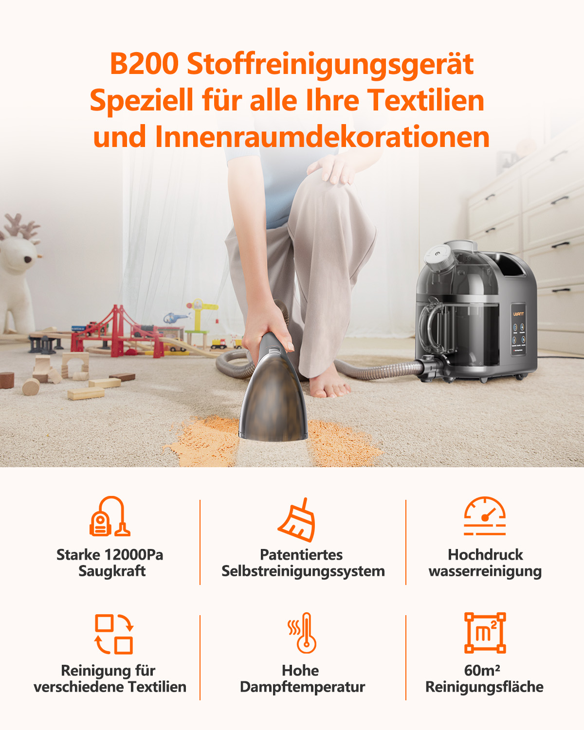 Person verwendet ein Reinigungsgerät auf einem Teppich. Symbole und Text über das Gerät werden angezeigt.