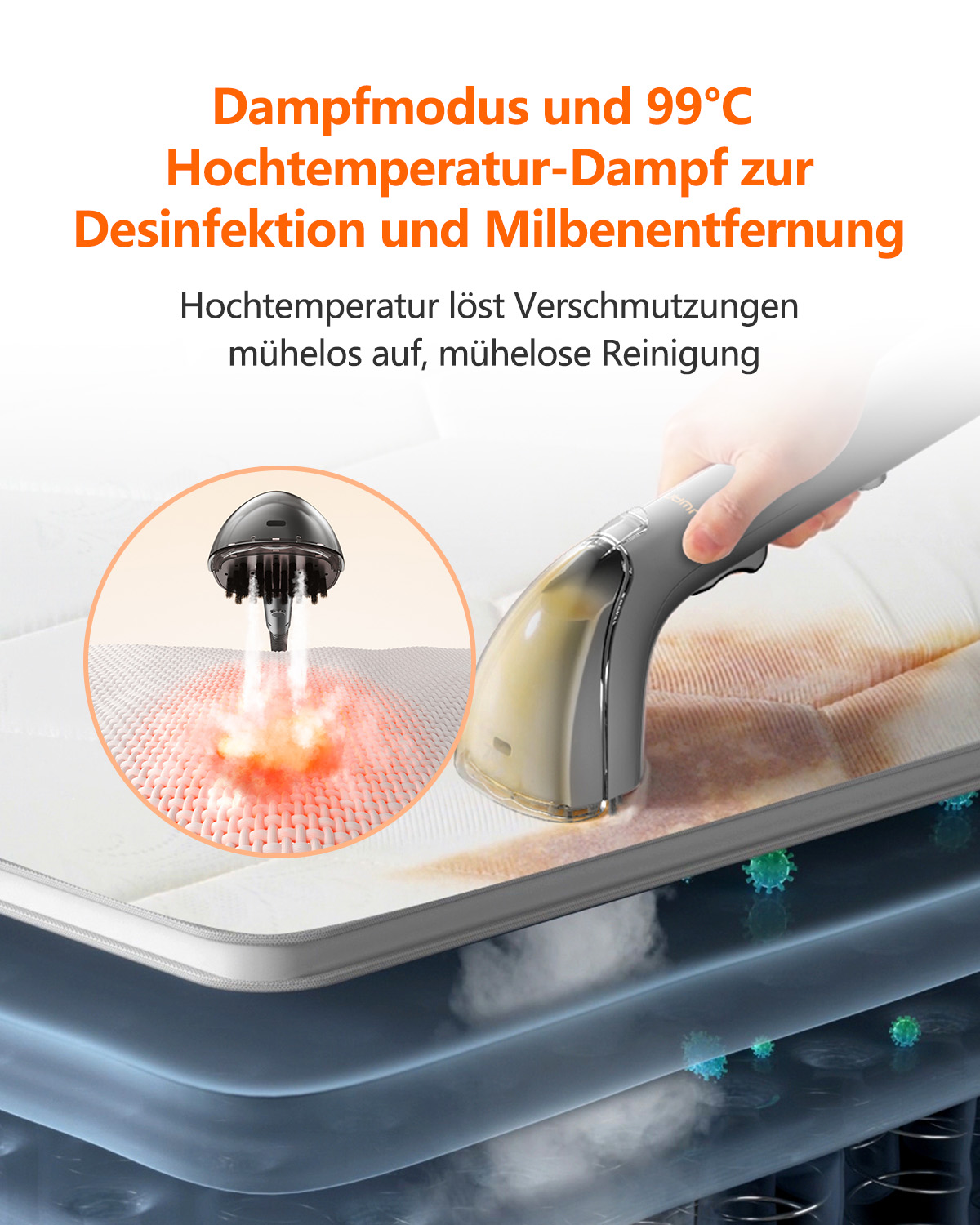 Ein Handdampfreiniger reinigt eine Matratze, mit Text zur Desinfektion. Rote und blaue Grafiken sind sichtbar.