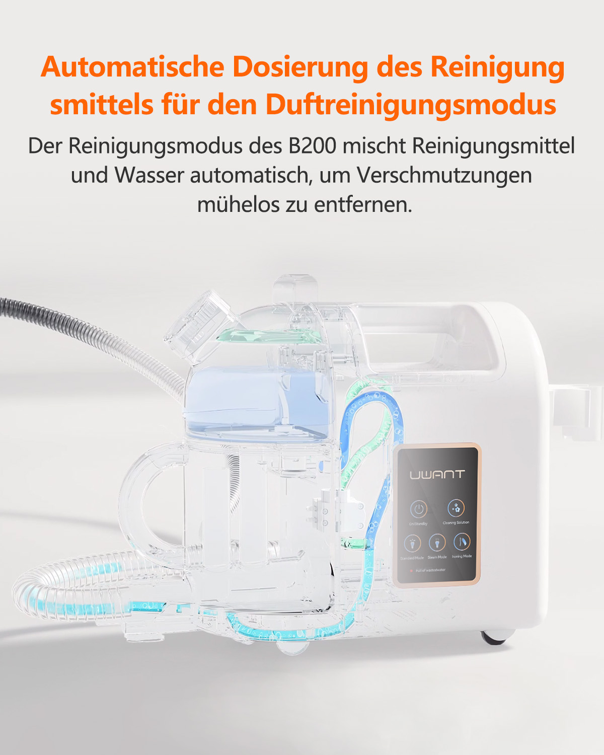 Ein Gerät mit einem transparenten Behälter und blauen und grünen Schläuchen, Diagramm, weißer Hintergrund.