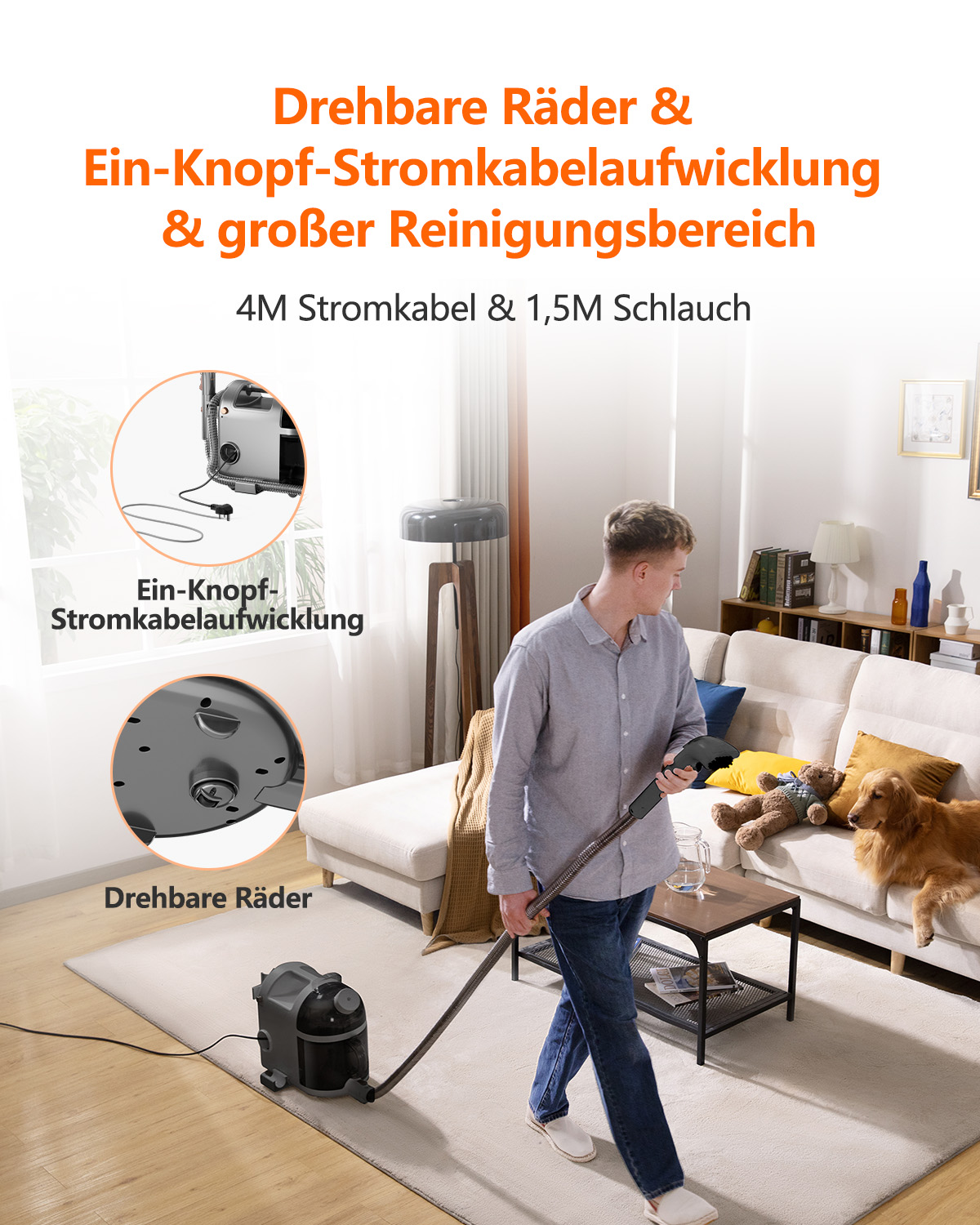 Mann, der Teppich mit Staubsauger saugt; Hund und Teddybär im Hintergrund.