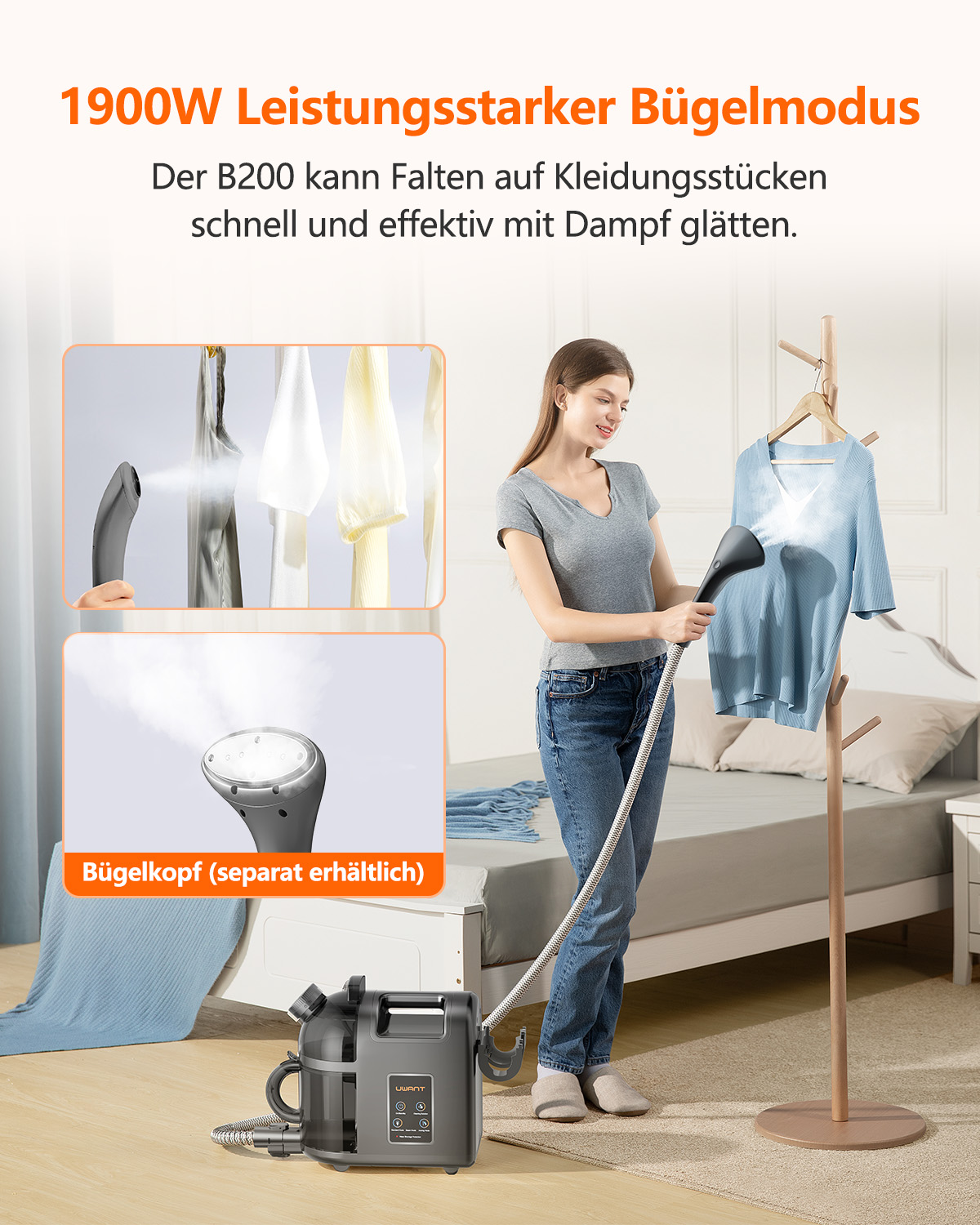 Eine Frau bügelt ein blaues Hemd mit einem Dampfbügeleisen, Kleidung auf einem Holzständer.