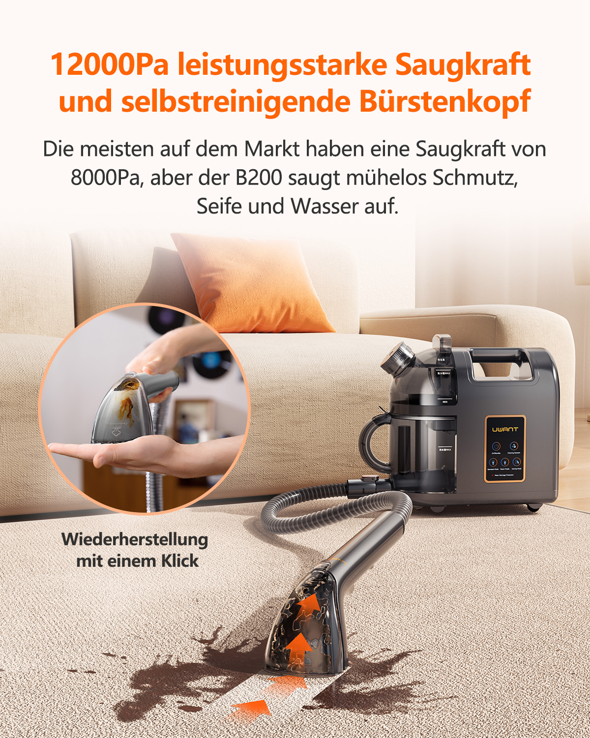 Ein Reinigungsgerät mit Staubsauger und Bürstenkopf, der einen Teppich reinigt.