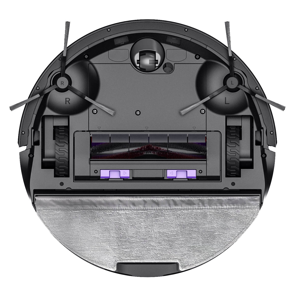 Ein Roboter-Staubsauger mit rotierenden Bürsten und einem Staubbehälter. Die Oberseite des Geräts ist abgebildet.