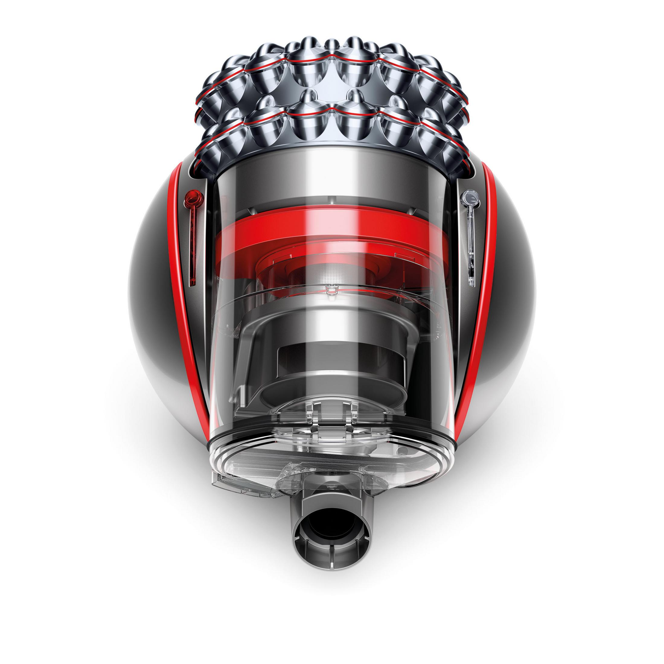 Ein Dyson Staubsaugerkopf mit freier Sicht auf die inneren Komponenten und einem roten Akzent.