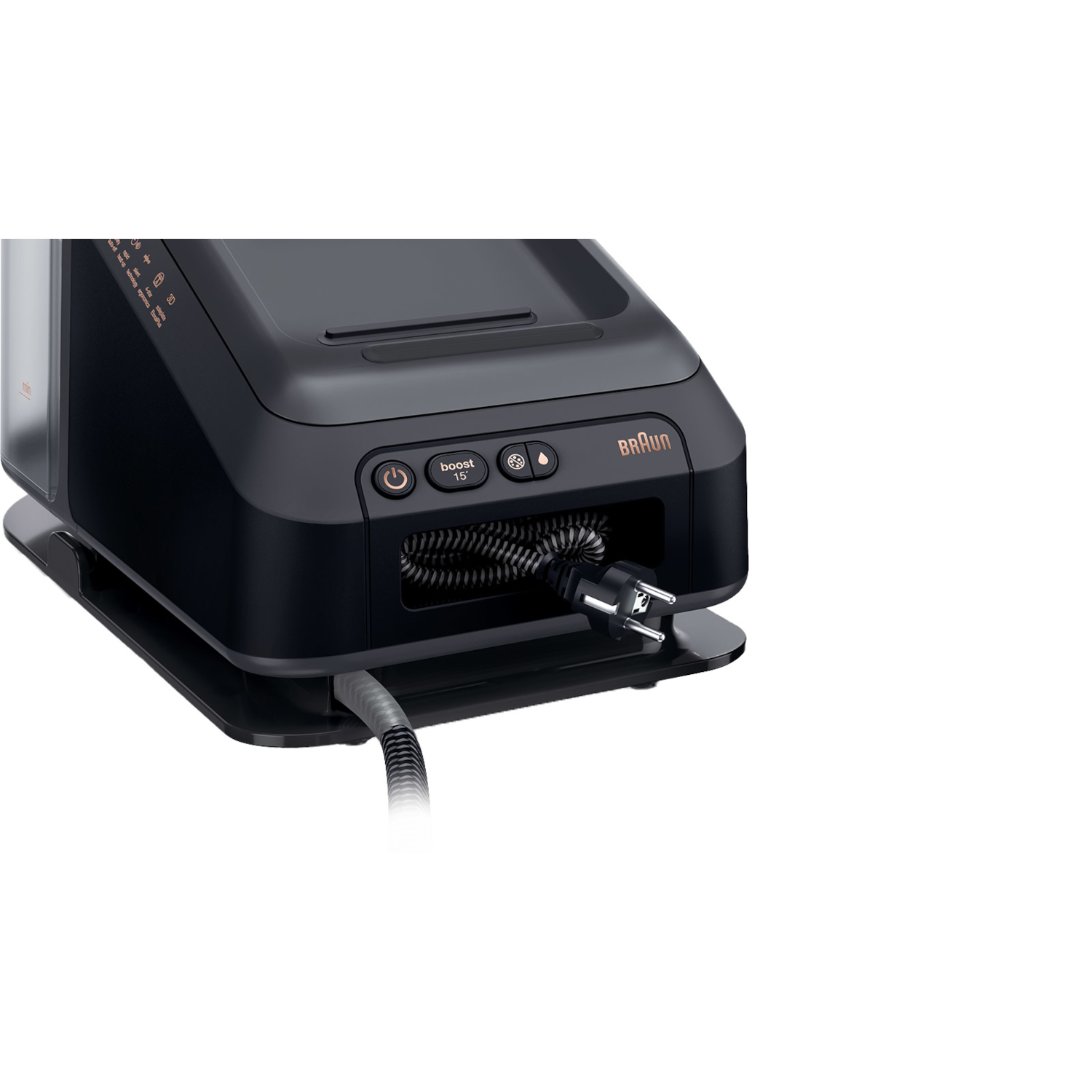 Czarny i złoty sprzęt Braun z przewodem zasilającym. Białe tło.