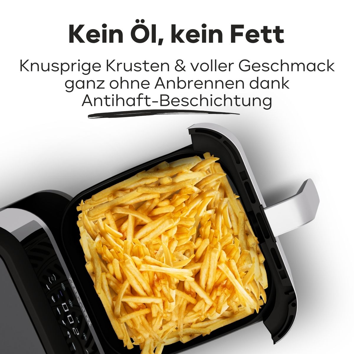 Frytownica powietrzna z frytkami. Tekst w języku niemieckim. Frytownica jest otwarta, widać frytki.
