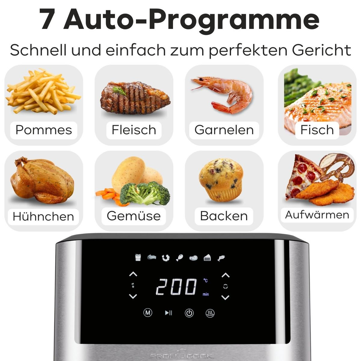 Frytkownica beztłuszczowa z ikonami jedzenia. Zawiera frytki, mięso, krewetki, ryby, kurczaka, warzywa, muffiny i pizzę.