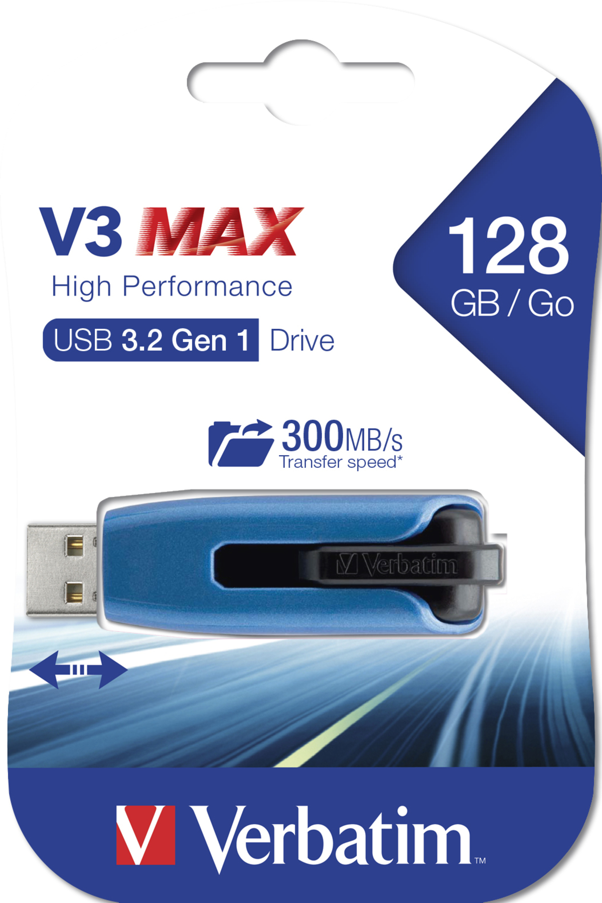 Een blauwe USB-stick in verpakking met tekst, die 128 GB capaciteit en een overdrachtssnelheid van 300 MB/s aangeeft.