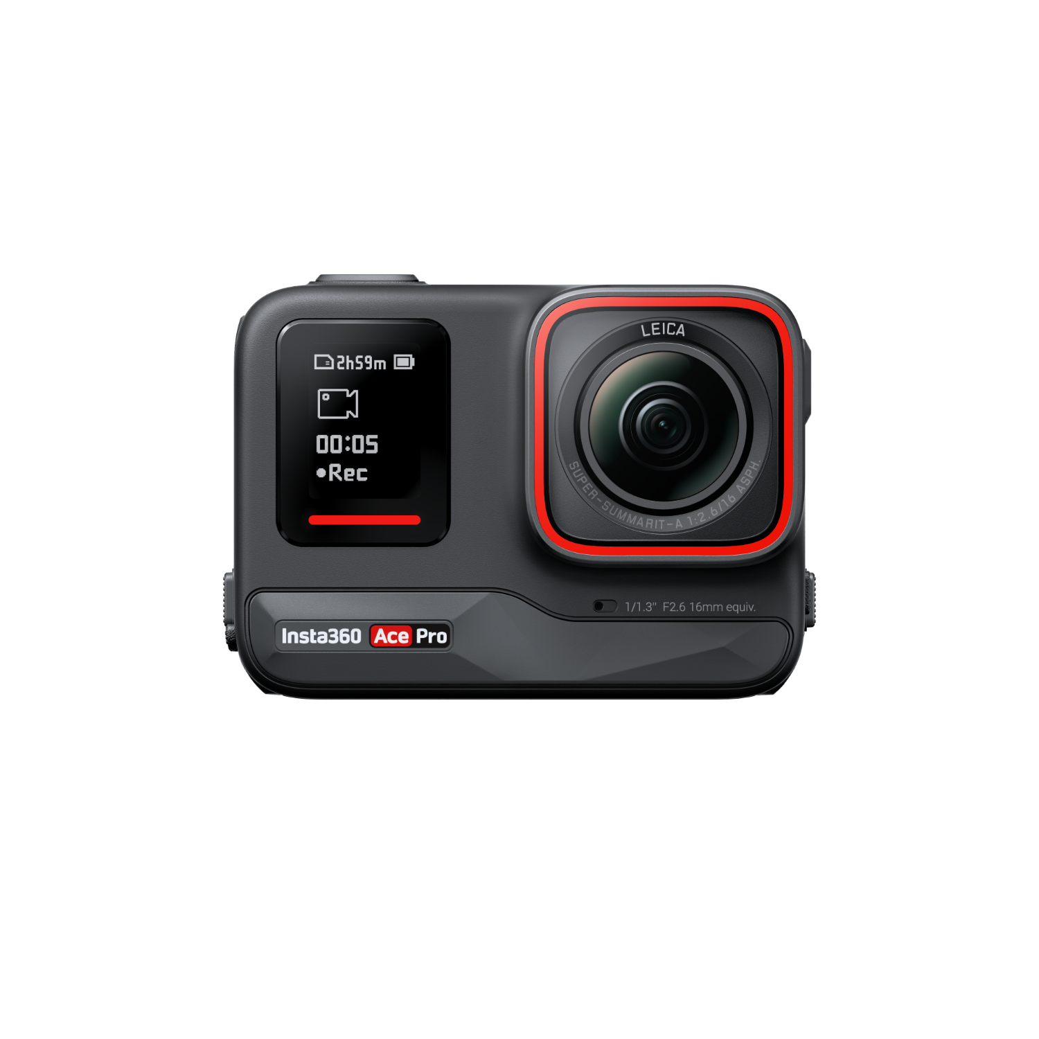 Fotocamera Insta360 Ace Pro nera con bordo rosso attorno all'obiettivo, su sfondo nero.