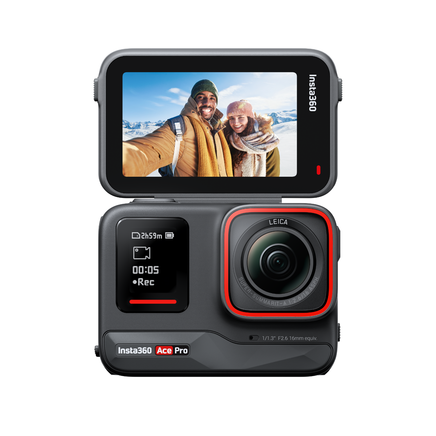 Una fotocamera Insta360 Ace Pro con uno schermo che mostra due persone che scattano un selfie sulla neve.
