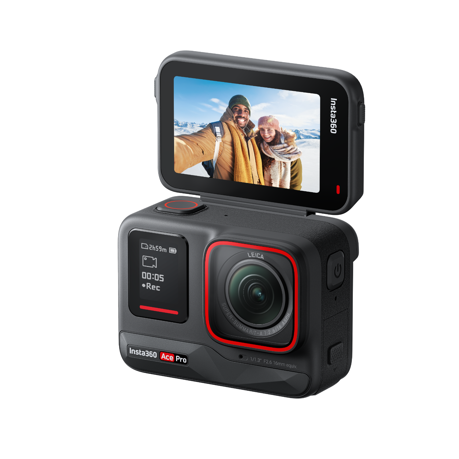 Fotocamera Insta360 Ace Pro nera e rossa. Display aperto. Sfondo bianco.