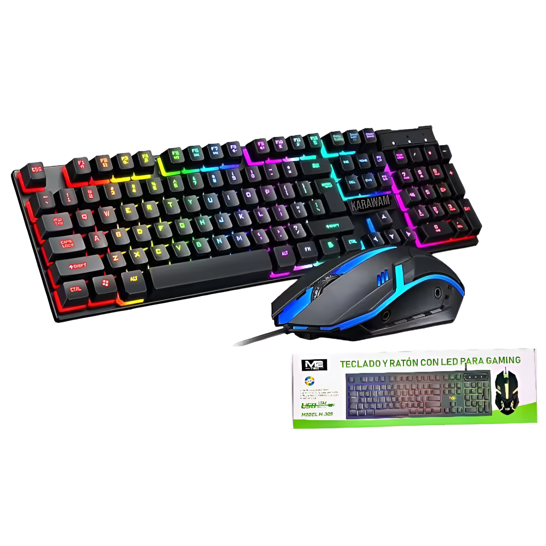 Conjunto de teclado y ratón para juegos. Teclado negro. Luces LED de colores. Fondo blanco.