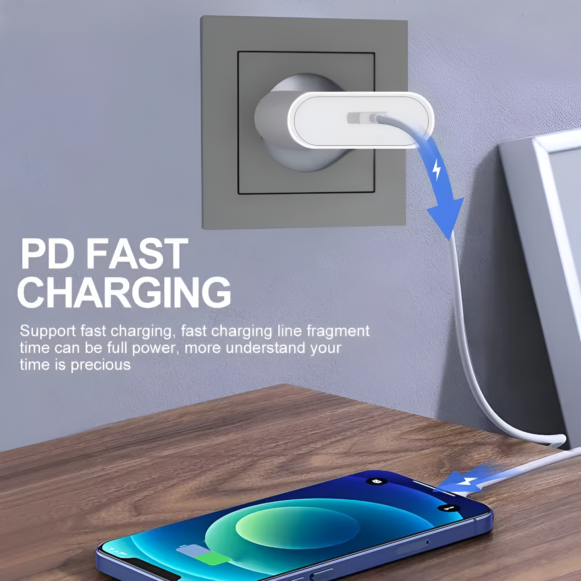 Teléfono cargando, con texto: PD FAST CHARGING.
