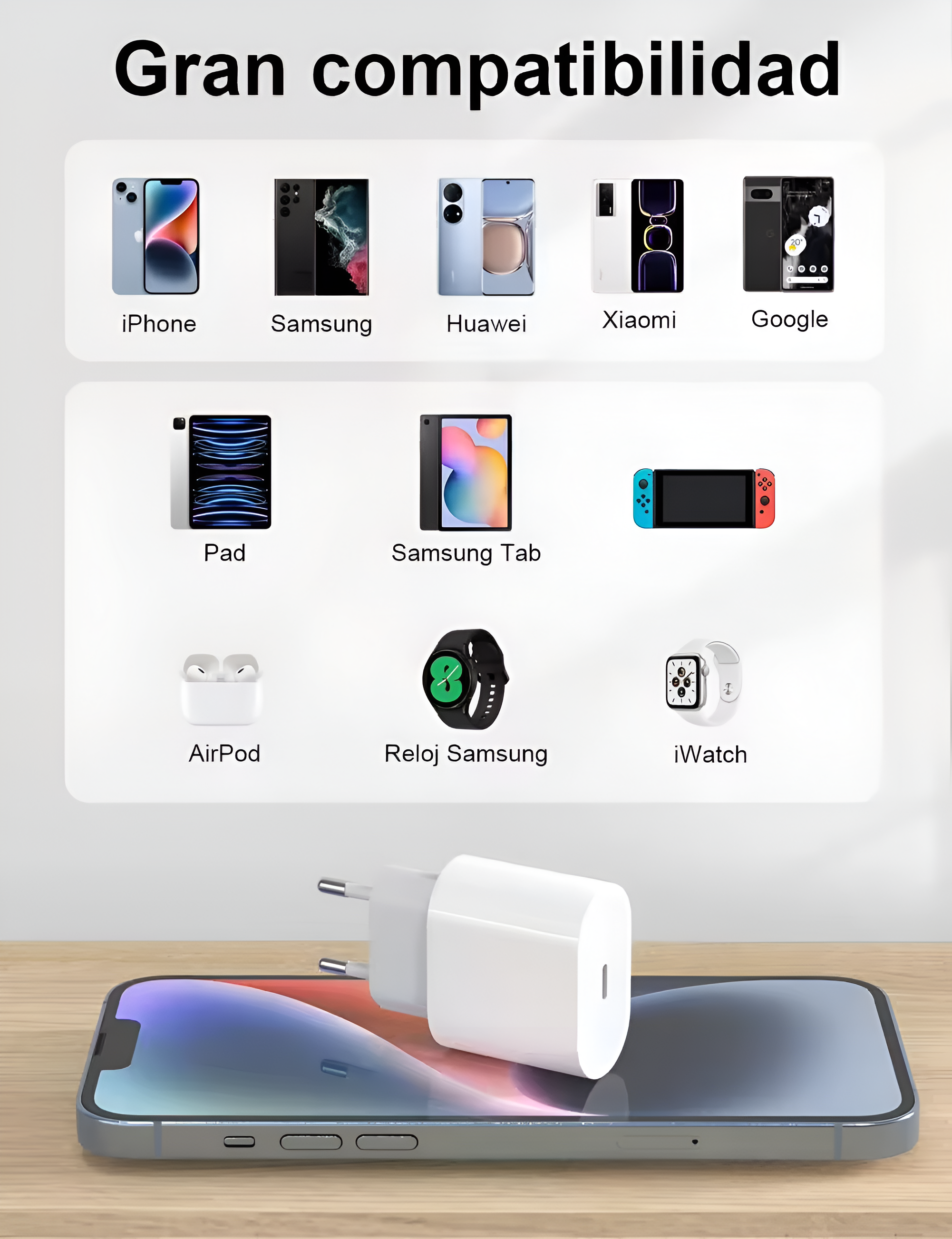 Imagen que muestra varios dispositivos y un cargador, con el texto 'Gran compatibilidad'.