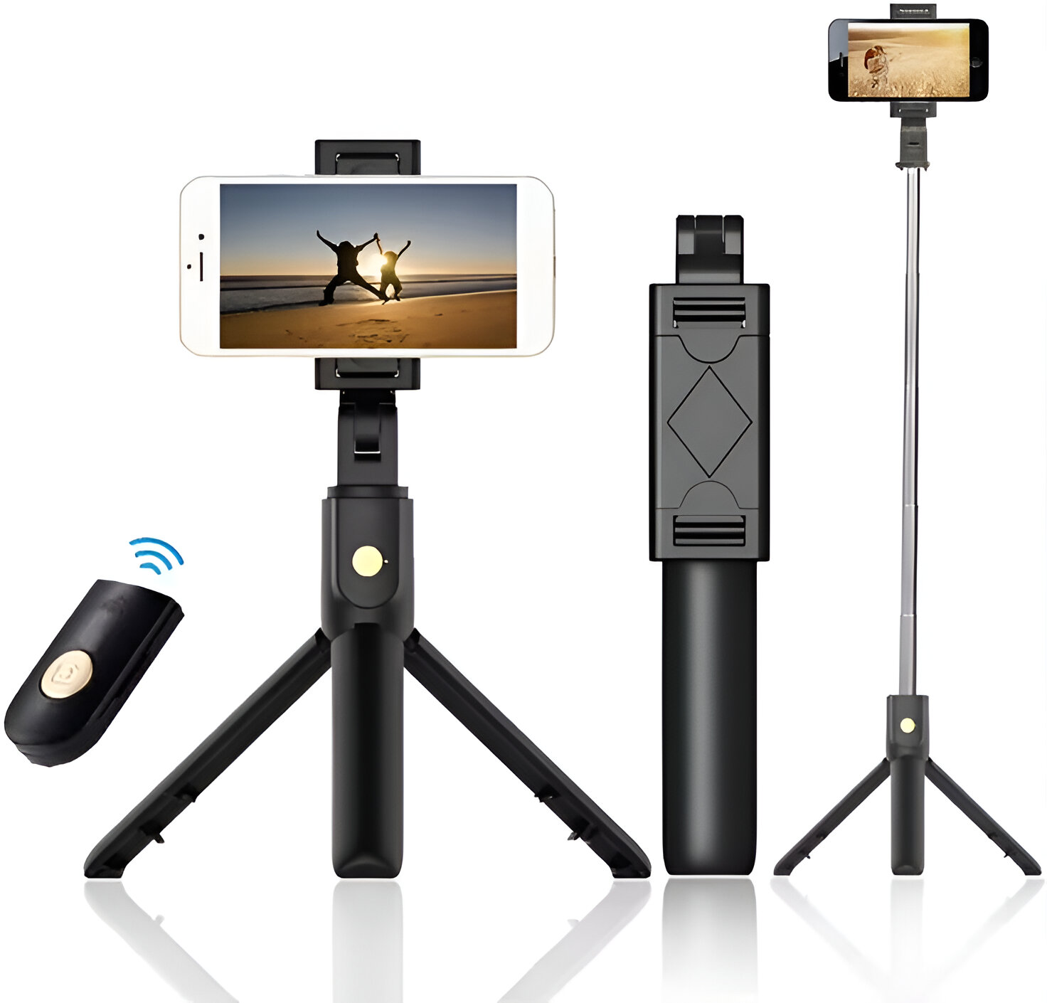 Palo selfie negro con teléfono adjunto y control remoto.