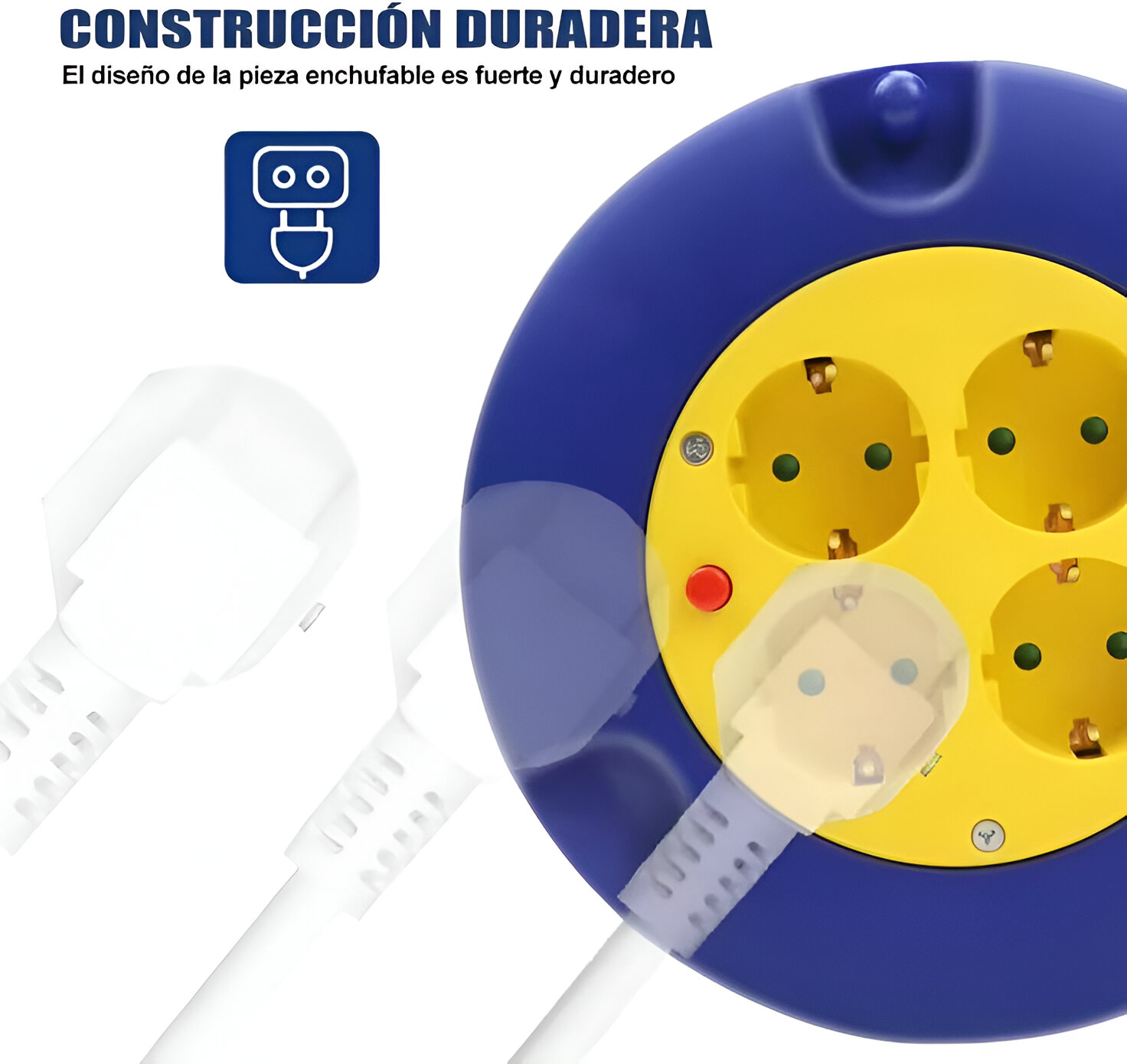 Regleta azul y amarilla con cuatro enchufes y enchufes blancos.