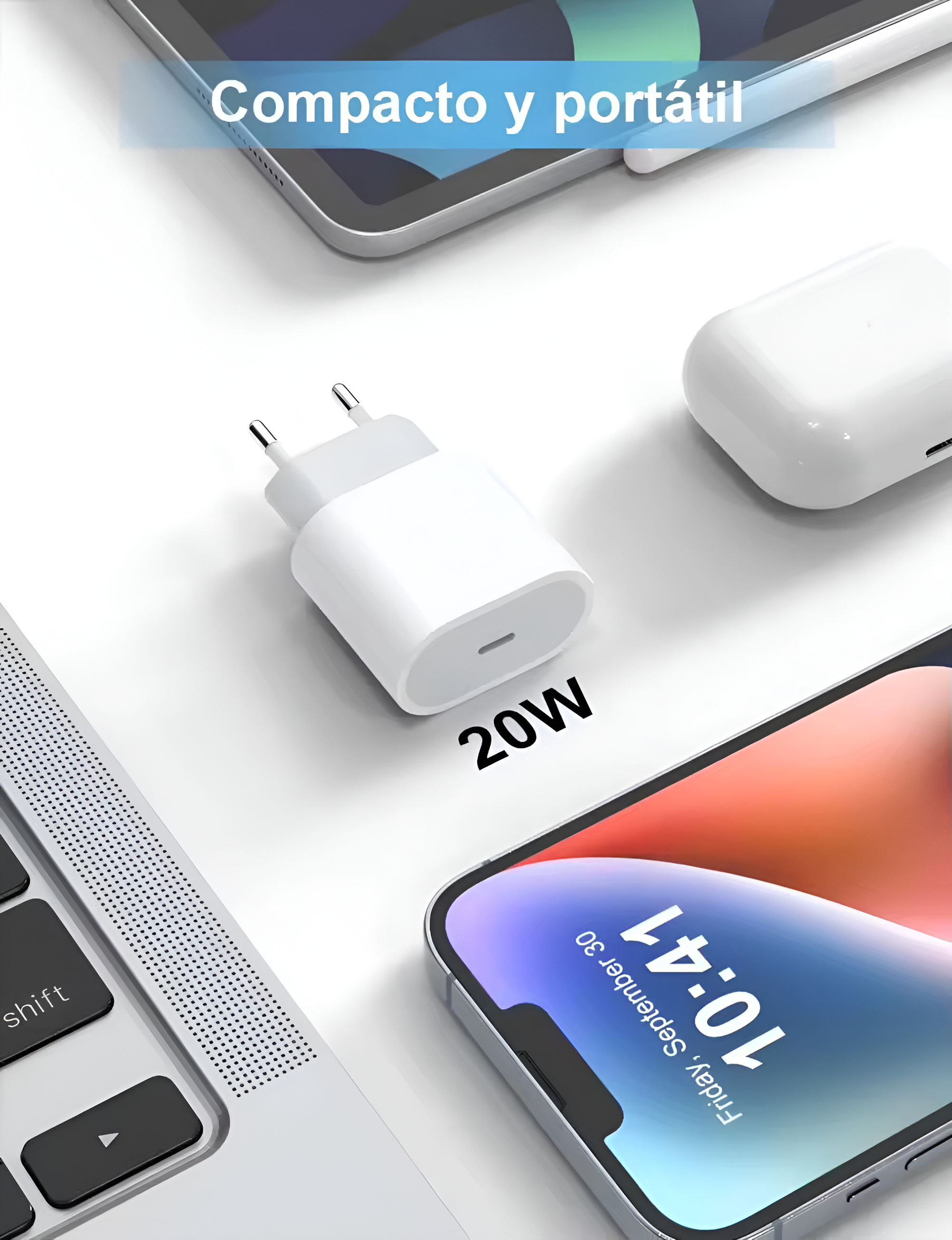 Cargador blanco y algunos electrónicos como una computadora portátil, teléfono y auriculares.