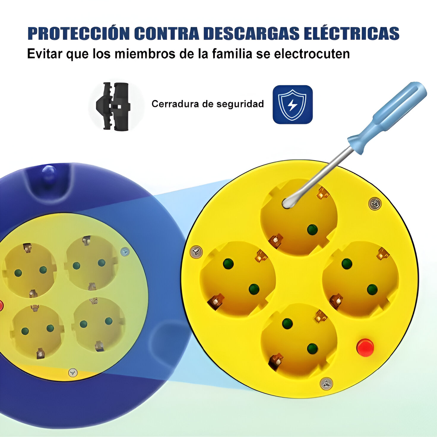 Un enchufe eléctrico con cubierta azul y amarilla, un destornillador y un letrero de seguridad.