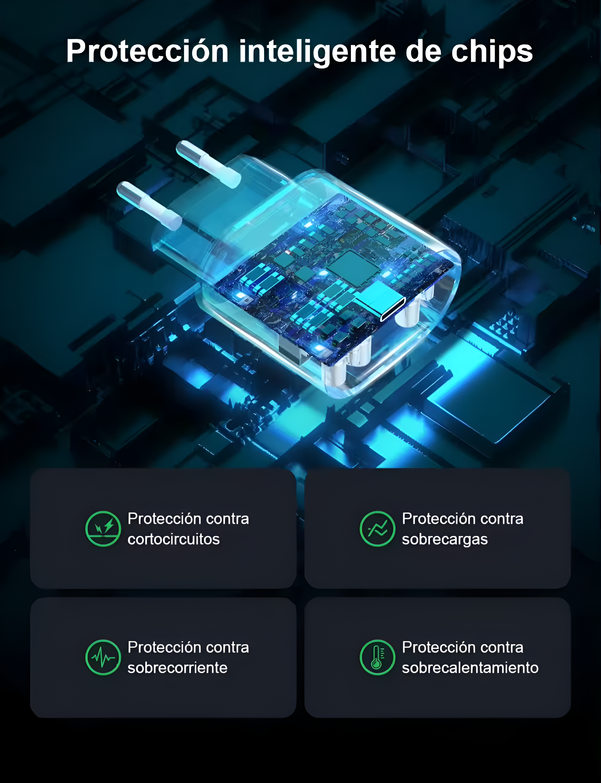 Primer plano de un cargador con componentes electrónicos. Cuatro iconos: cortocircuito, sobrecarga, sobrecorriente, sobrecalentamiento.