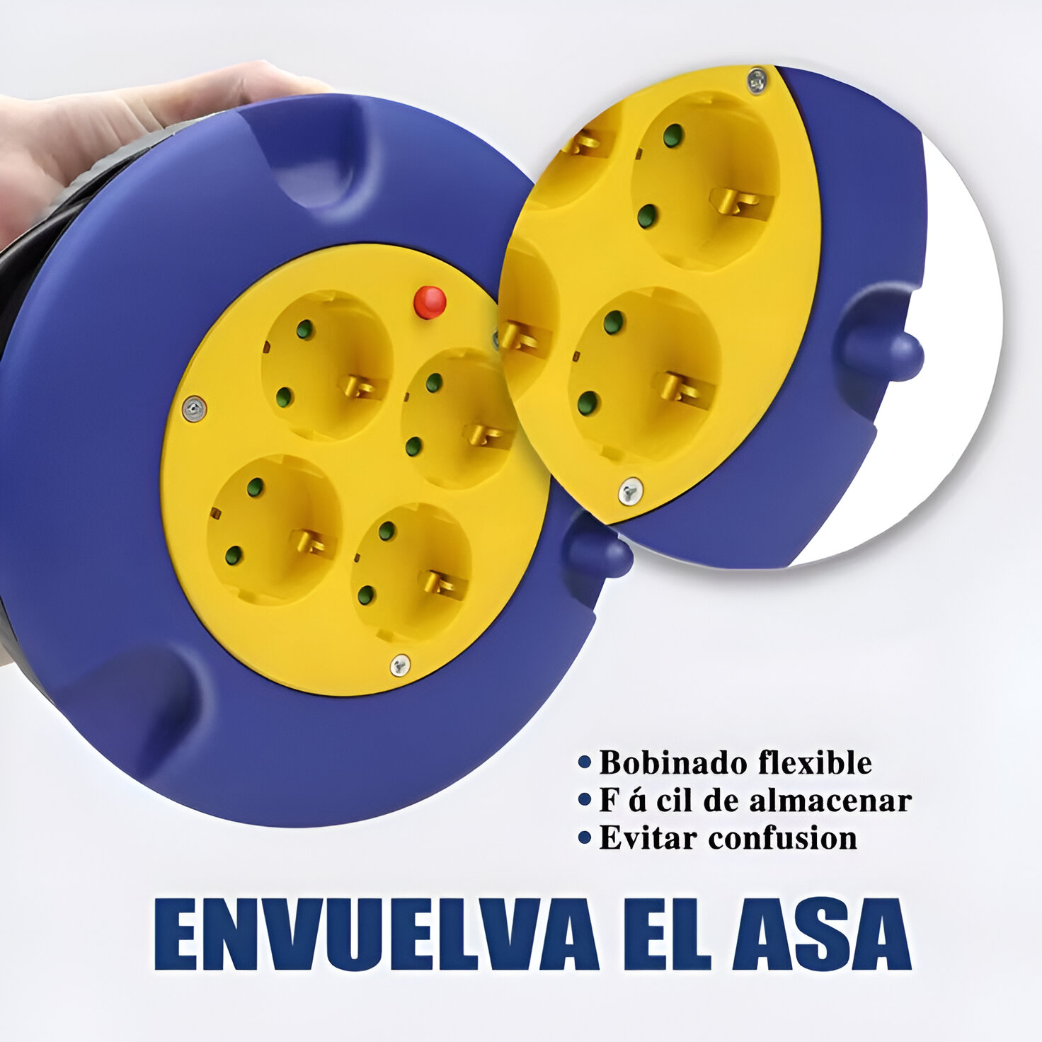 Un carrete de cable eléctrico azul y amarillo con texto en español, primer plano de los enchufes.