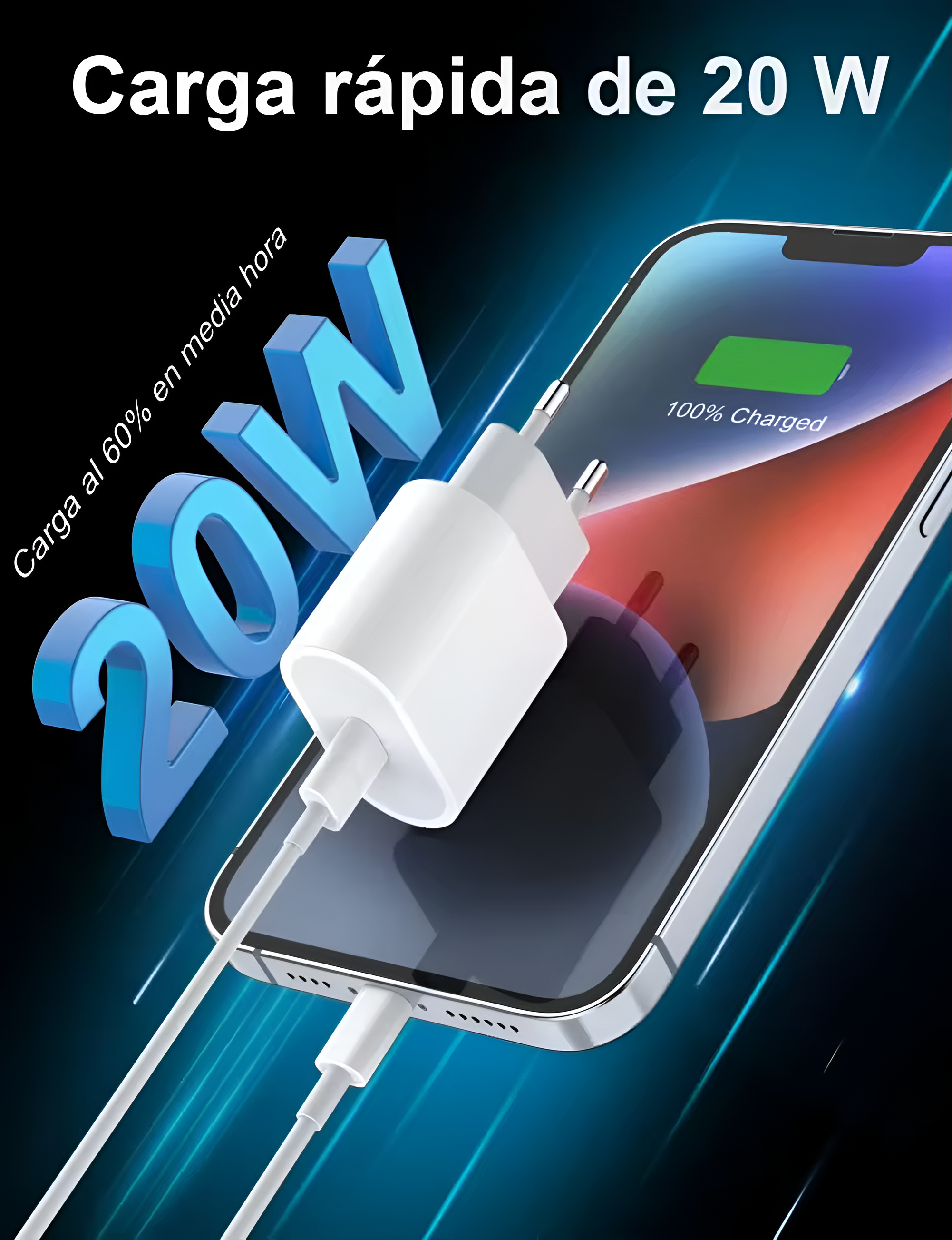 Cargador blanco con teléfono cargando. Fondo azul con texto: Carga rápida 20W.