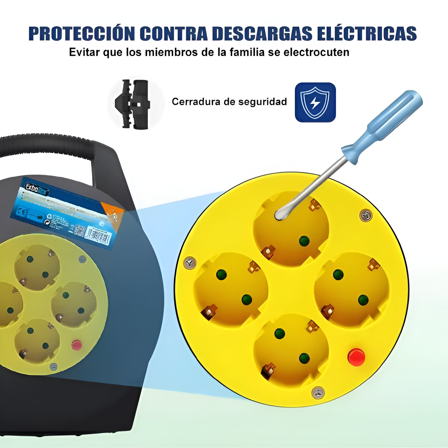 Alargador amarillo y negro con cuatro enchufes y un destornillador.