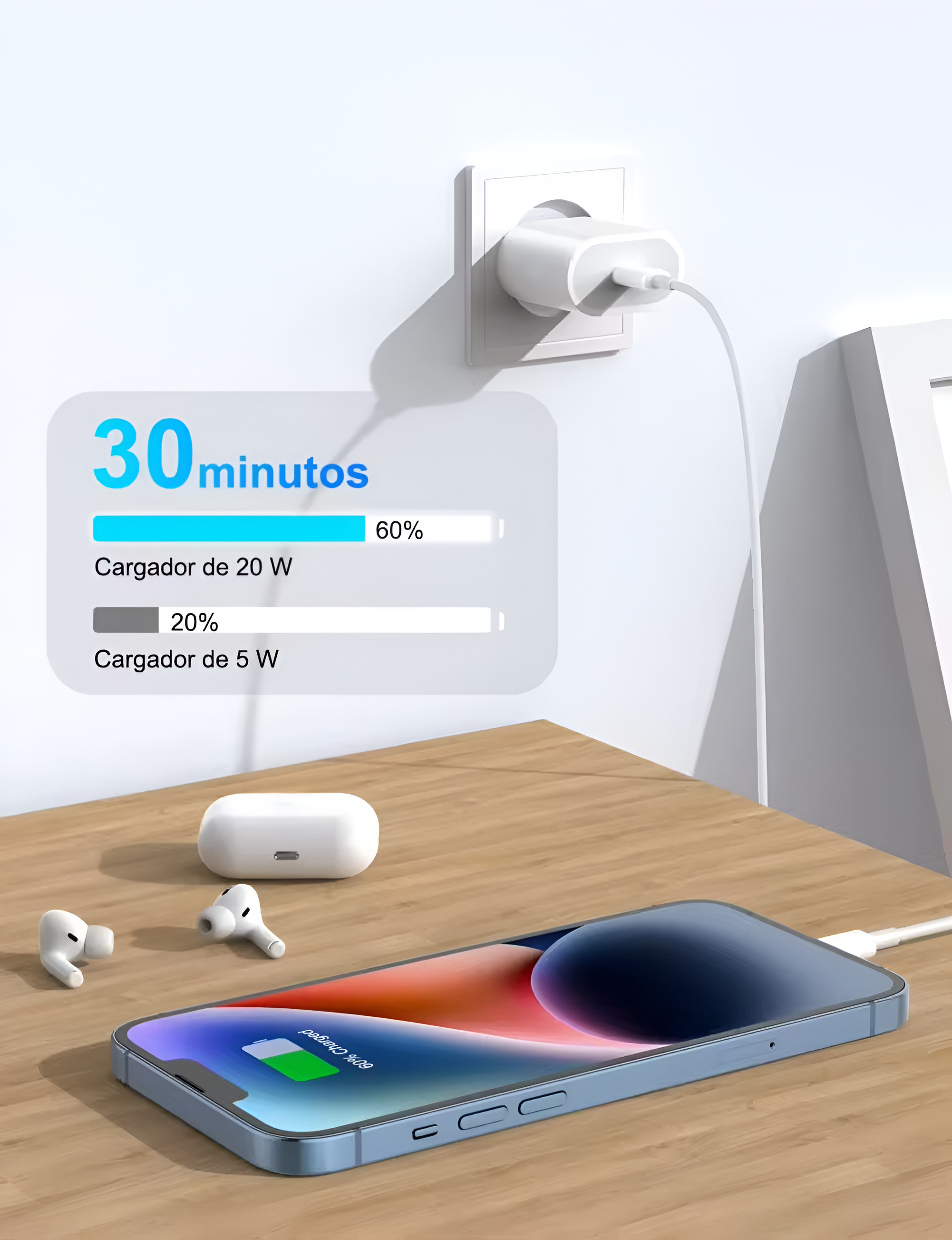 Teléfono cargando cerca de un enchufe. La pantalla muestra el estado de carga.