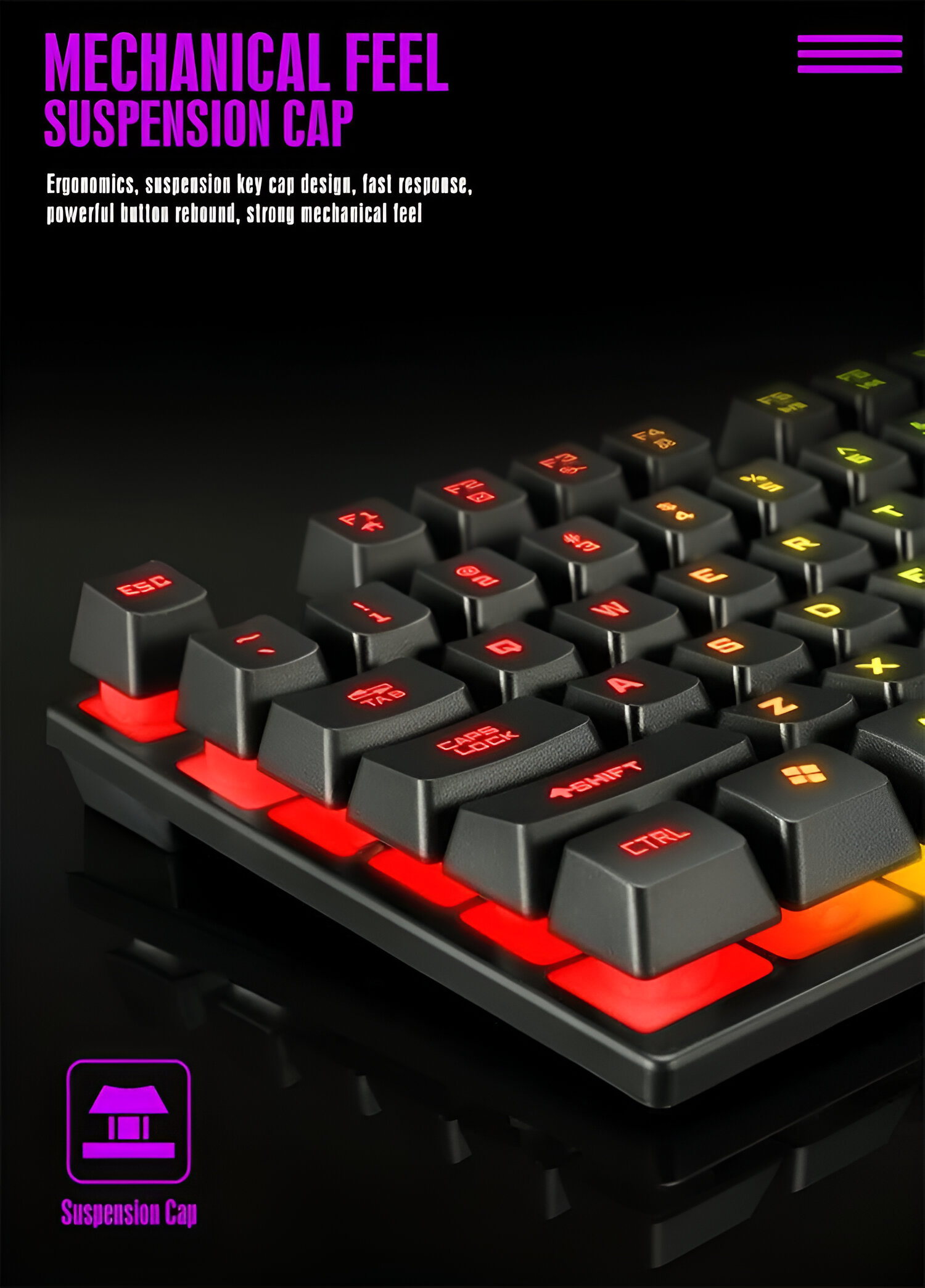 Un primer plano de un teclado mecánico con teclas negras e iluminación roja.