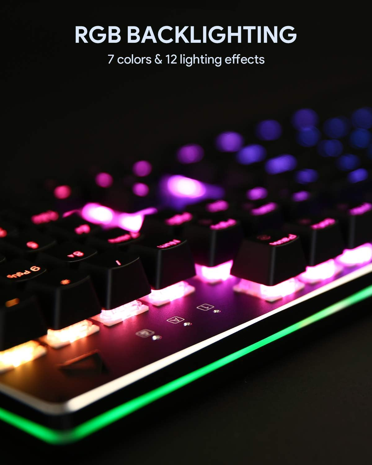 Teclado negro con retroiluminación RGB, 7 colores y 12 efectos de iluminación.