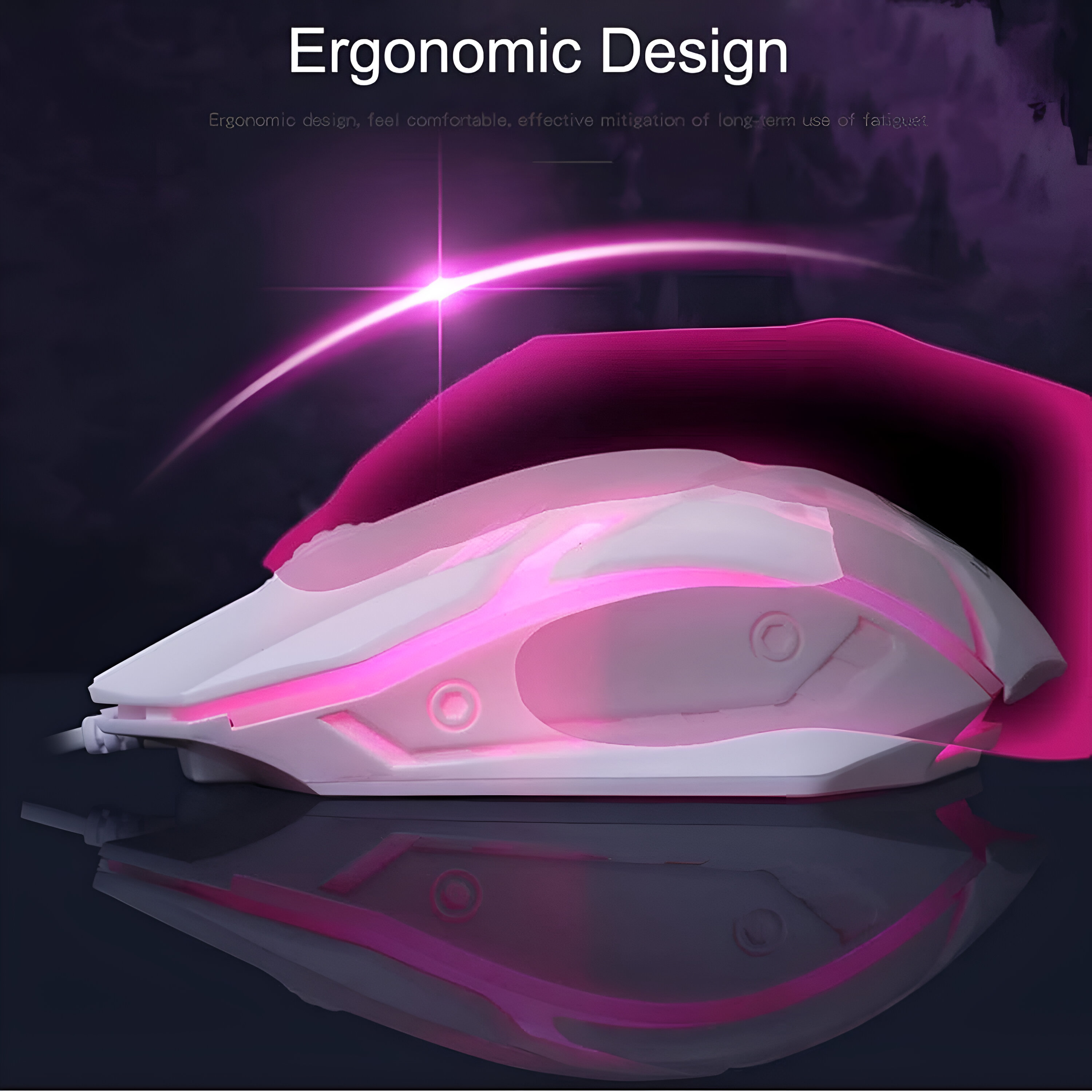 Ratón gaming blanco con detalles de luz rosa, diseño ergonómico. Superficie reflectante.