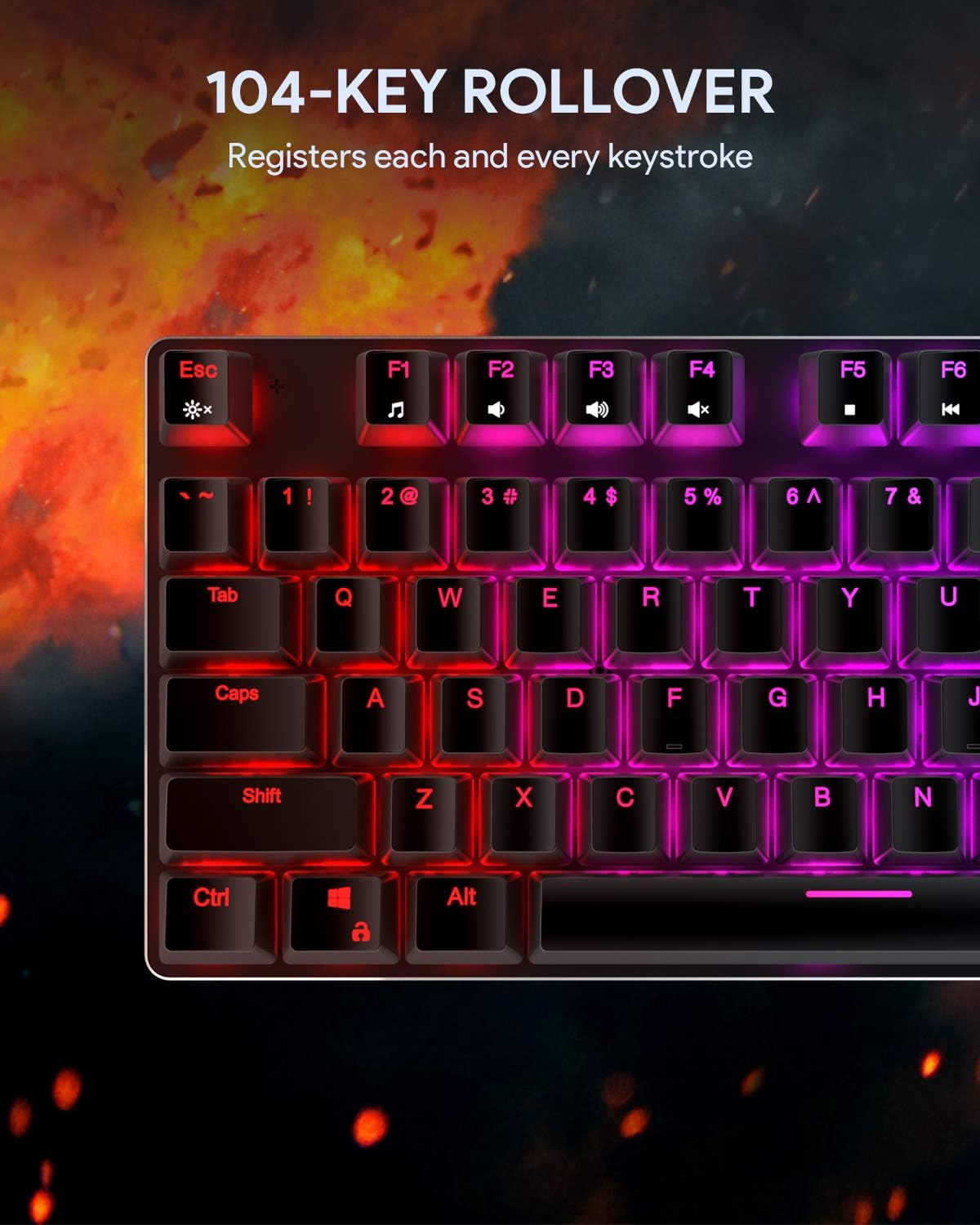 Primer plano de un teclado con luces rojas y moradas. El teclado tiene muchas teclas.