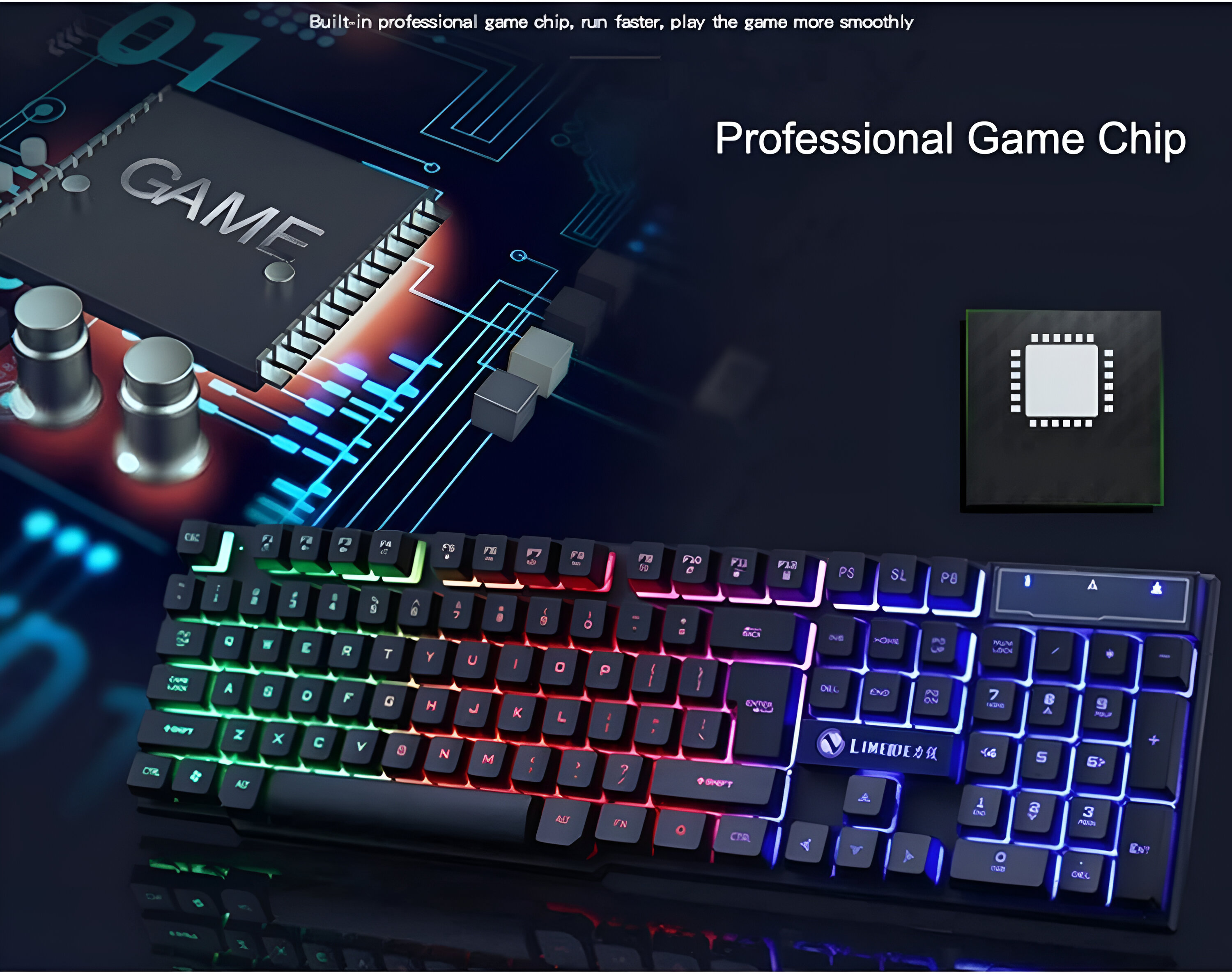 Teclado gaming con teclas coloridas. Gráfico de chip arriba, y el texto GAME.