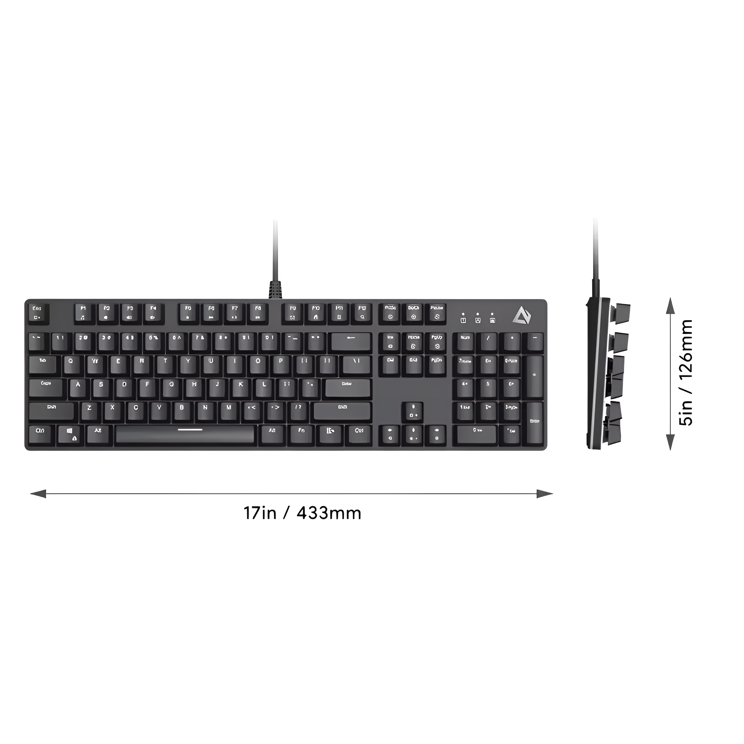 Teclado negro con dimensiones en pulgadas y milímetros.