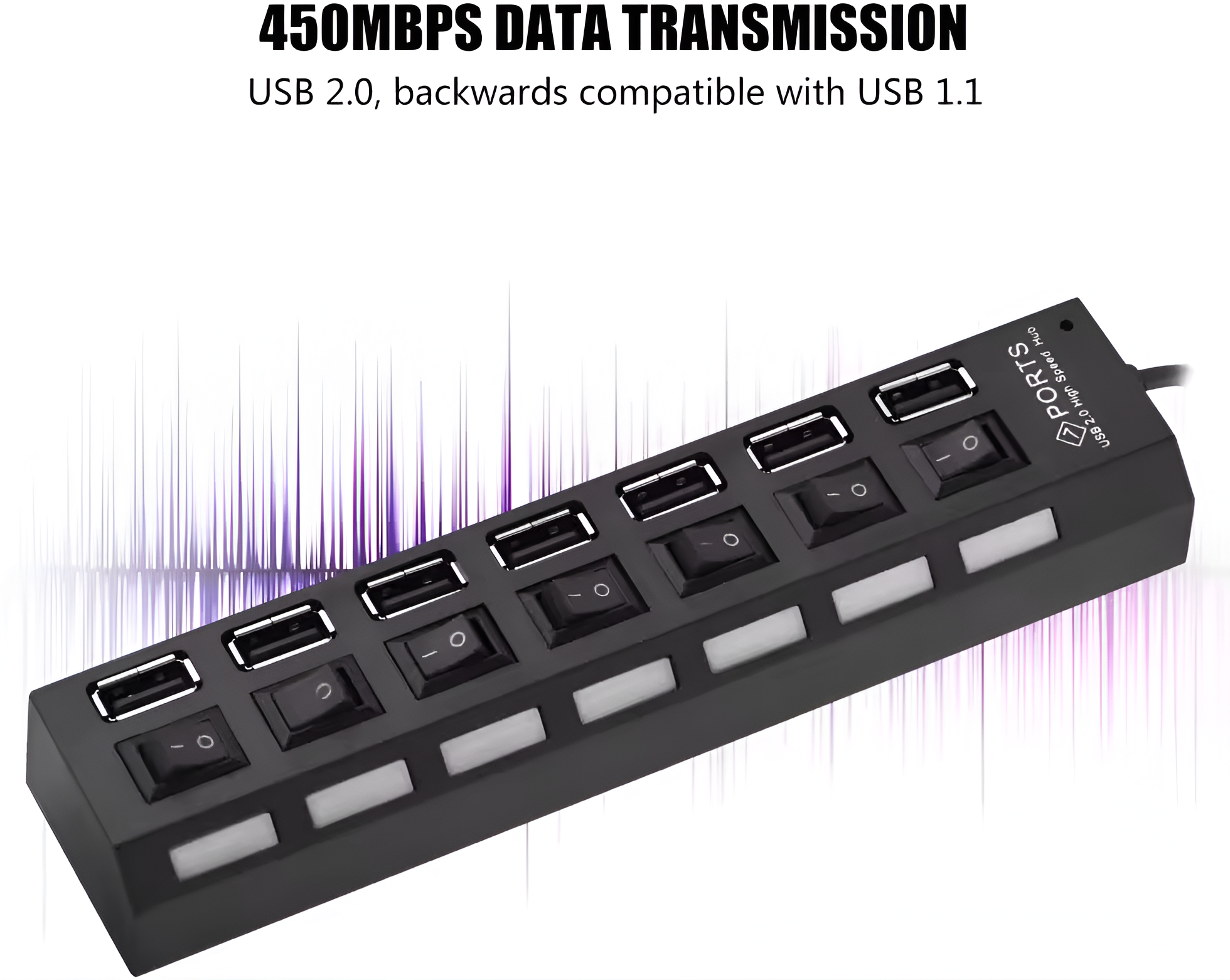 Concentrador USB negro con siete puertos y texto: '450MBPS DATA TRANSMISSION'.