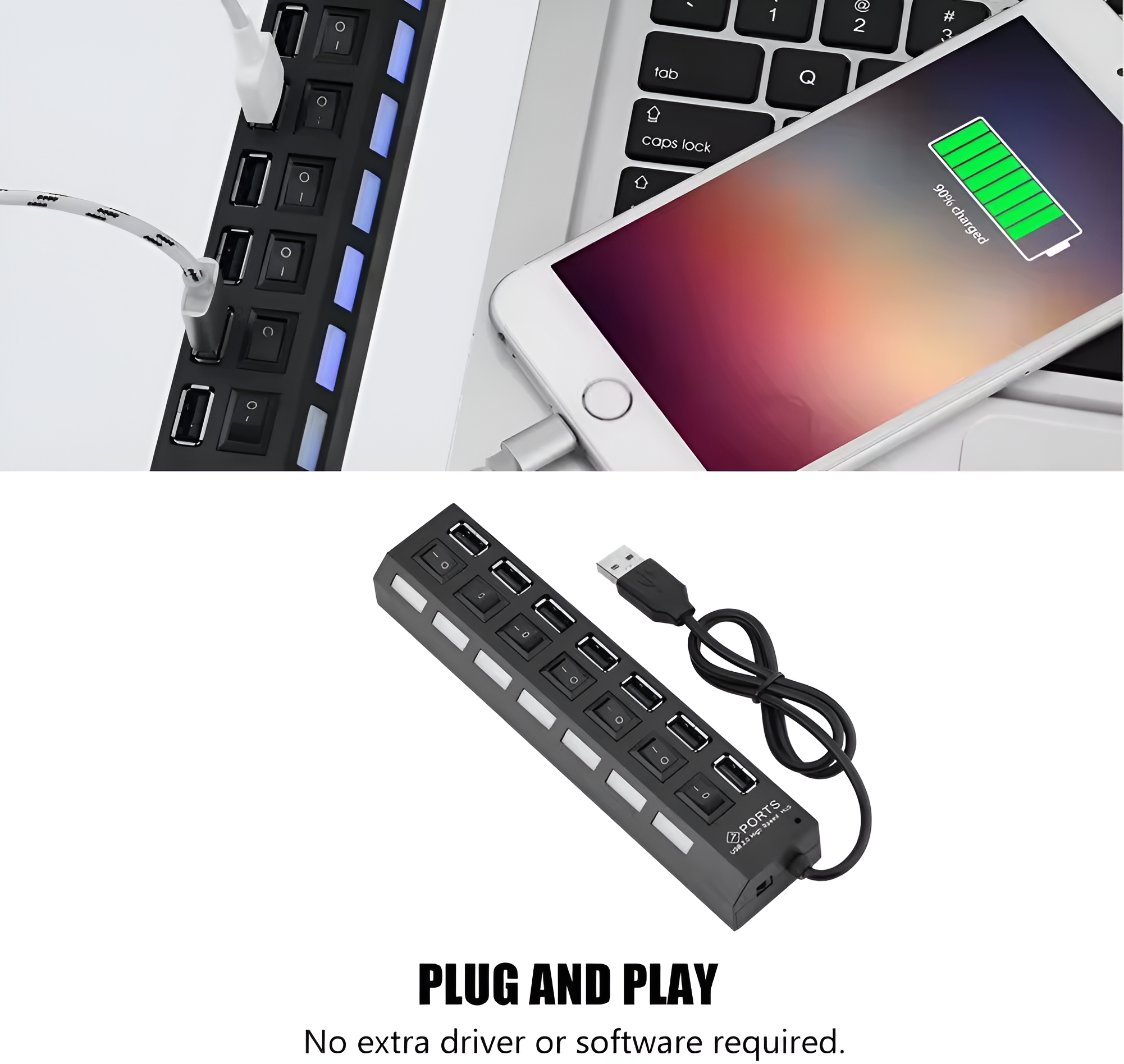 Concentrador USB con múltiples puertos conectados a una computadora portátil y un teléfono.