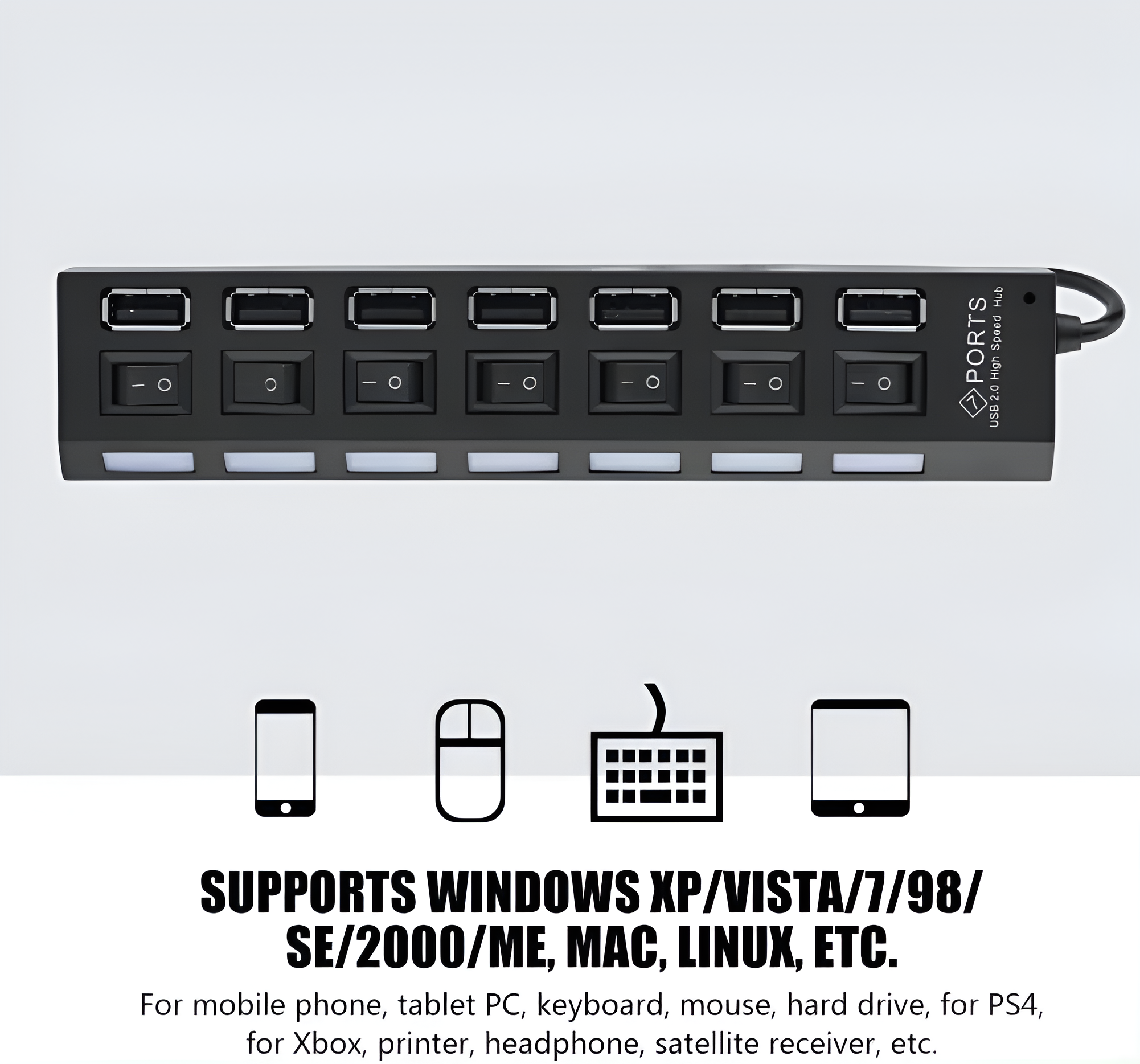 Concentrador USB negro con 7 puertos e interruptores, compatible con Windows XP/Vista/7/98/SE/2000/MAC/Linux.