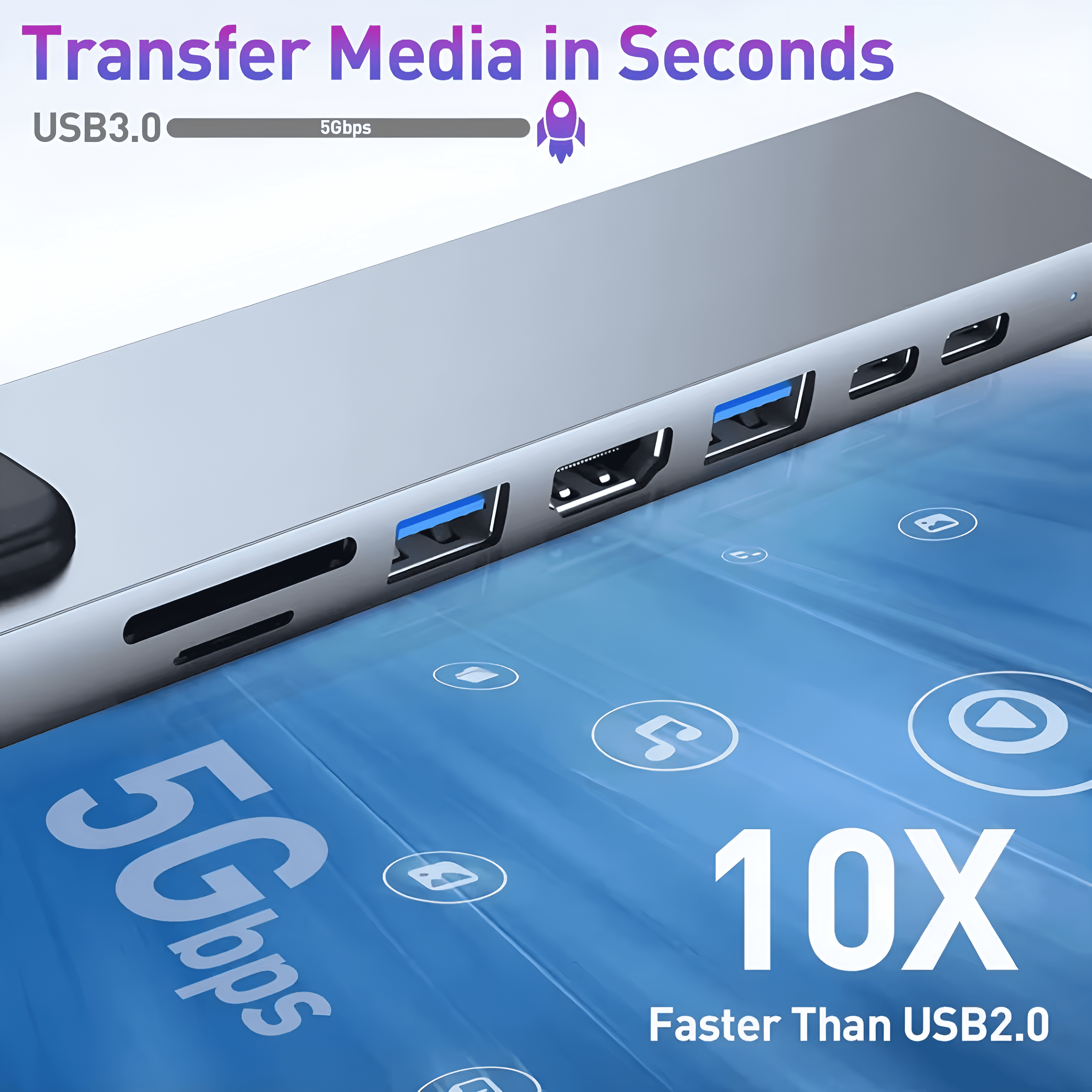 Un hub plateado con puertos USB, con un icono de cohete y texto: Transferir medios en segundos.