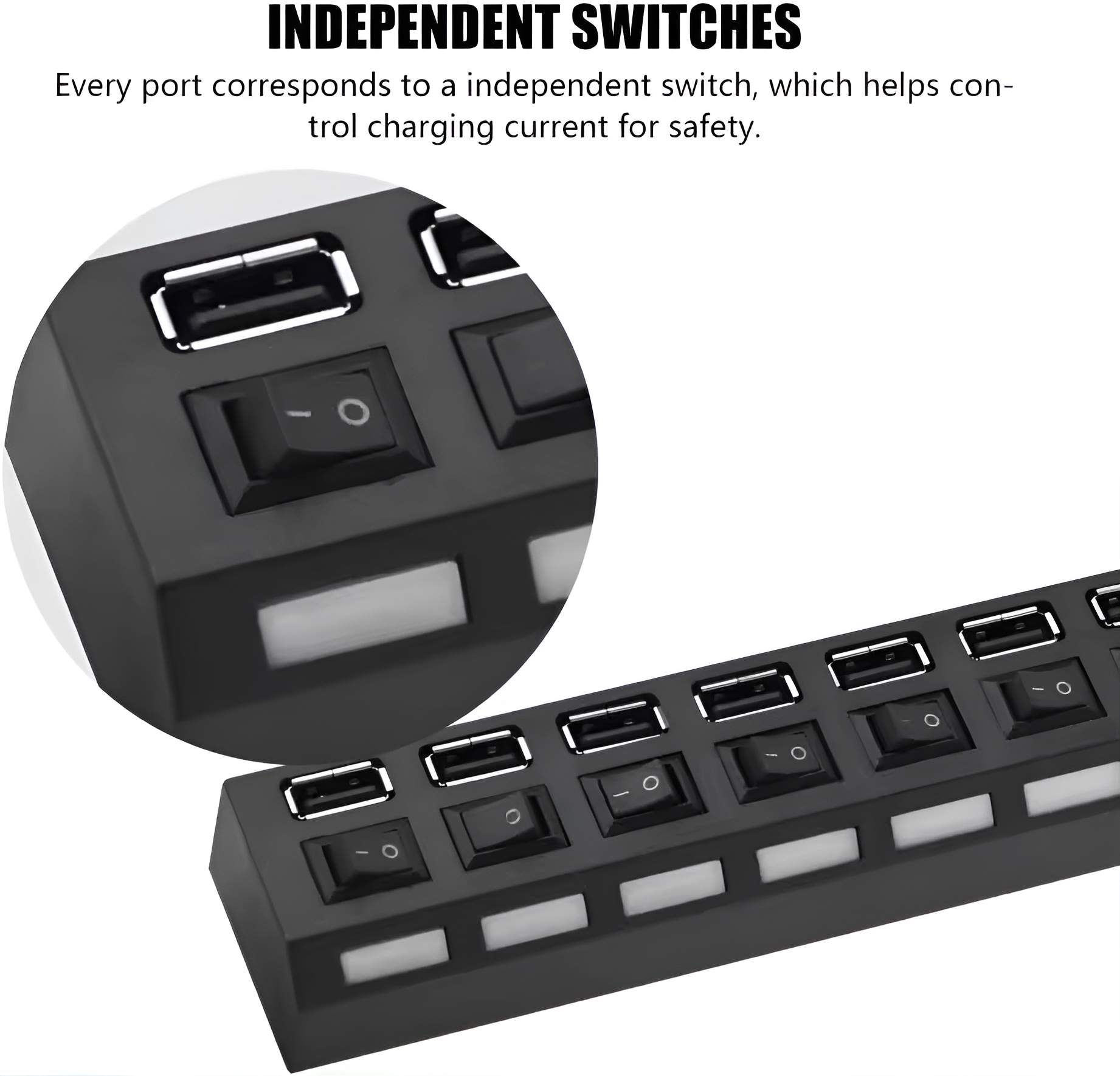 Concentrador USB negro con múltiples puertos USB e interruptores de encendido individuales. Texto: Interruptores independientes.