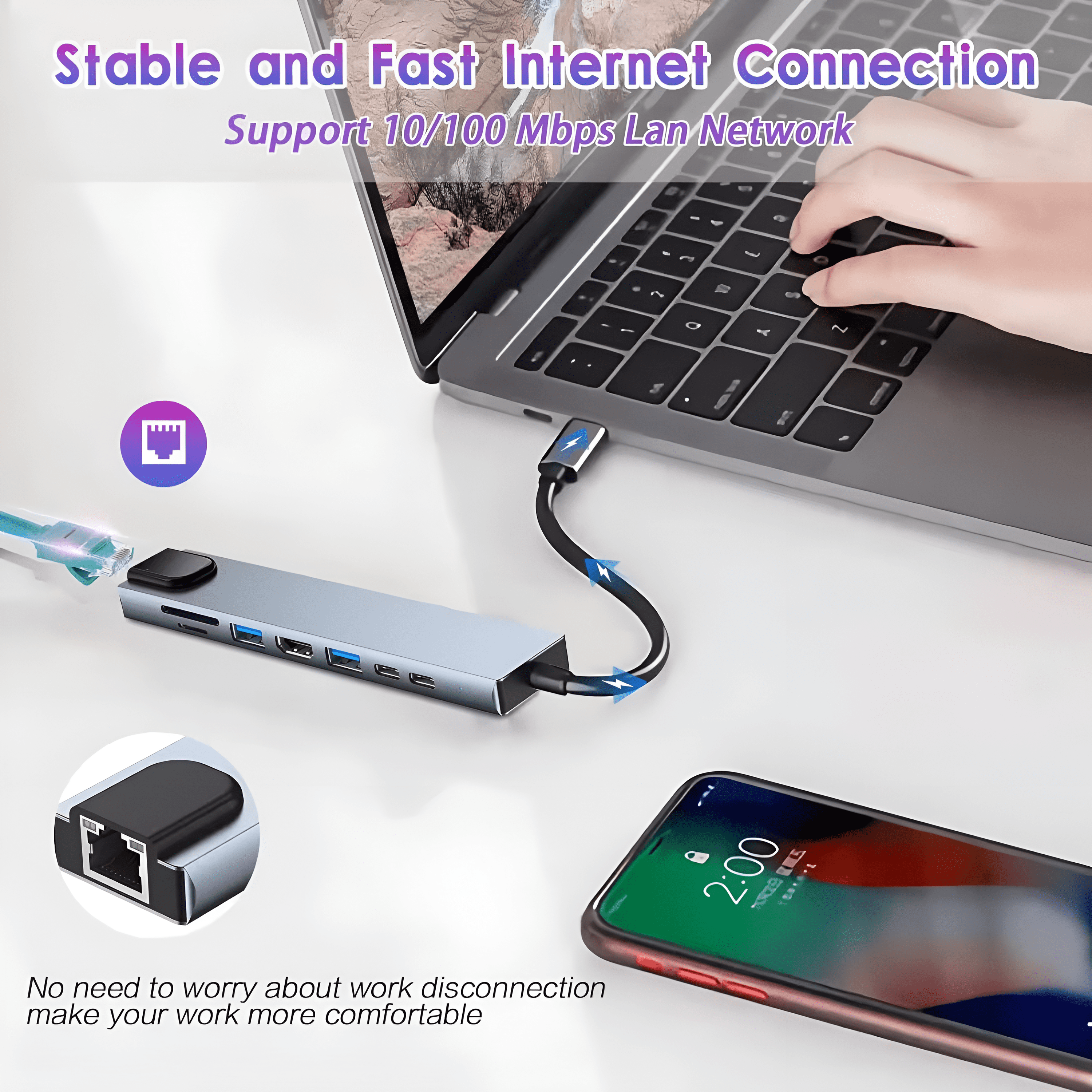Portátil conectado a un hub con puertos USB, un cable al teléfono y un teléfono en un escritorio.