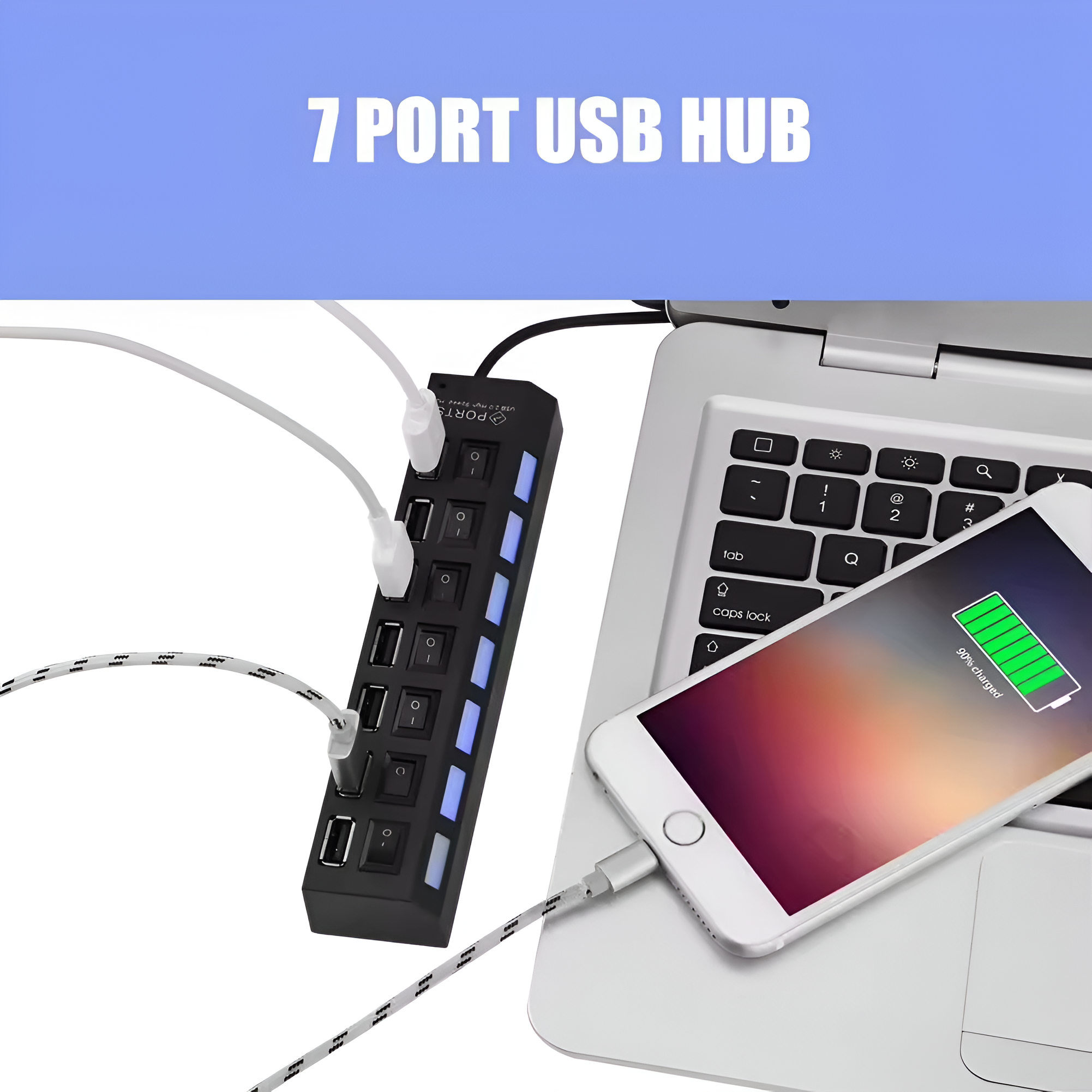 Un concentrador USB negro conectado a una computadora portátil y un teléfono. El teléfono se está cargando. El fondo es azul.