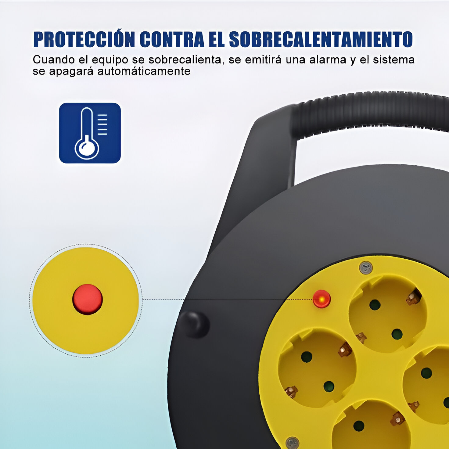 Regleta negra y amarilla con botón rojo. Texto: Protección contra sobrecalentamiento.