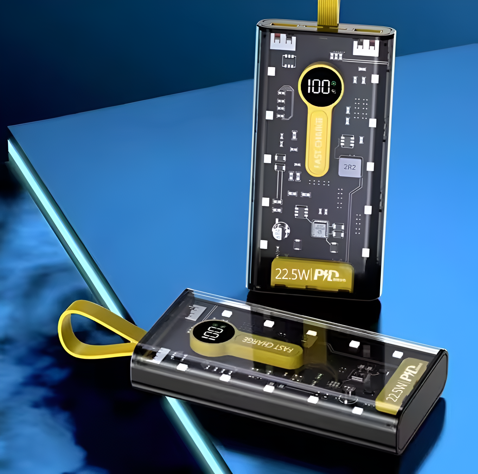 Batería externa negra con pantalla digital que muestra 100% de carga y texto 'FAST CHARGE'.