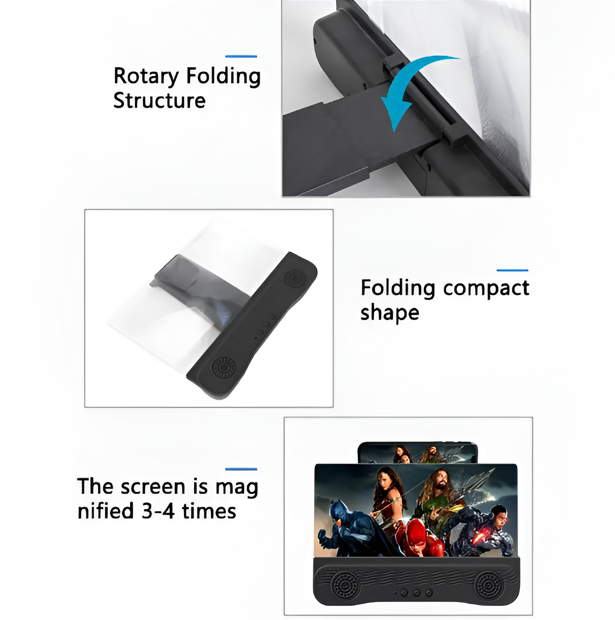 Un amplificador de pantalla plegable para teléfonos inteligentes. Amplía la pantalla hasta 4 veces y tiene altavoces.