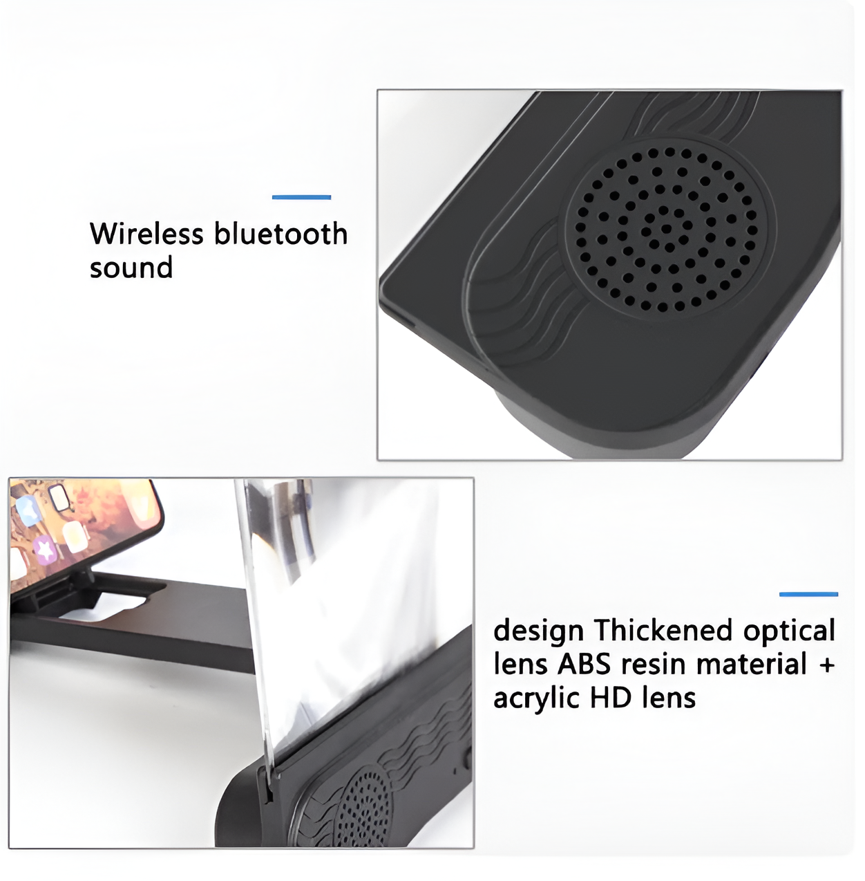 Amplificador de pantalla negro con altavoz, soporte para teléfono. Texto: 'Sonido bluetooth inalámbrico' y 'diseño'.