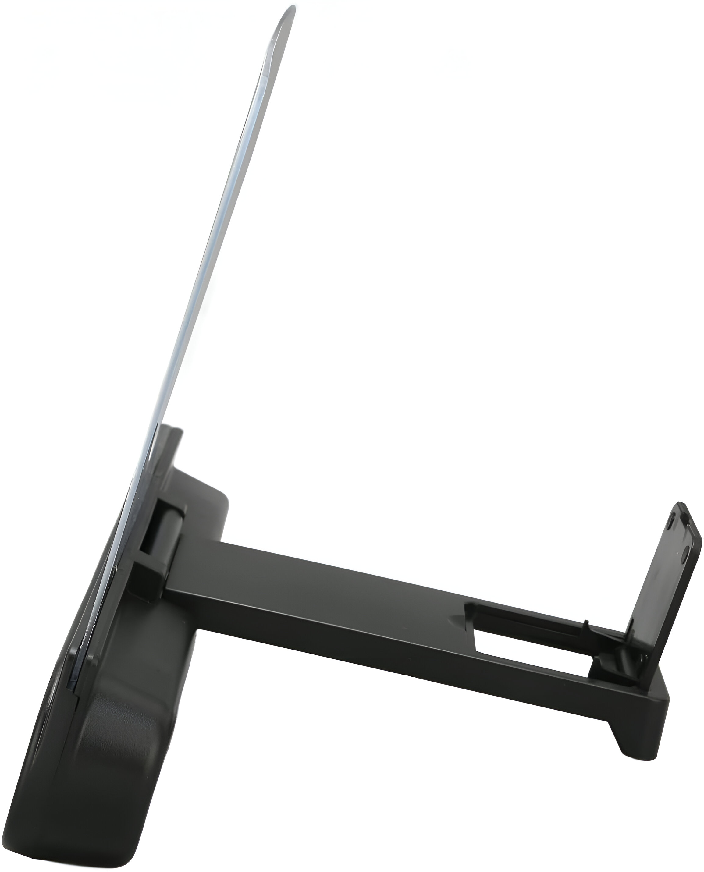 Amplificador de pantalla de teléfono de plástico negro. Tiene un soporte y una pantalla clara.