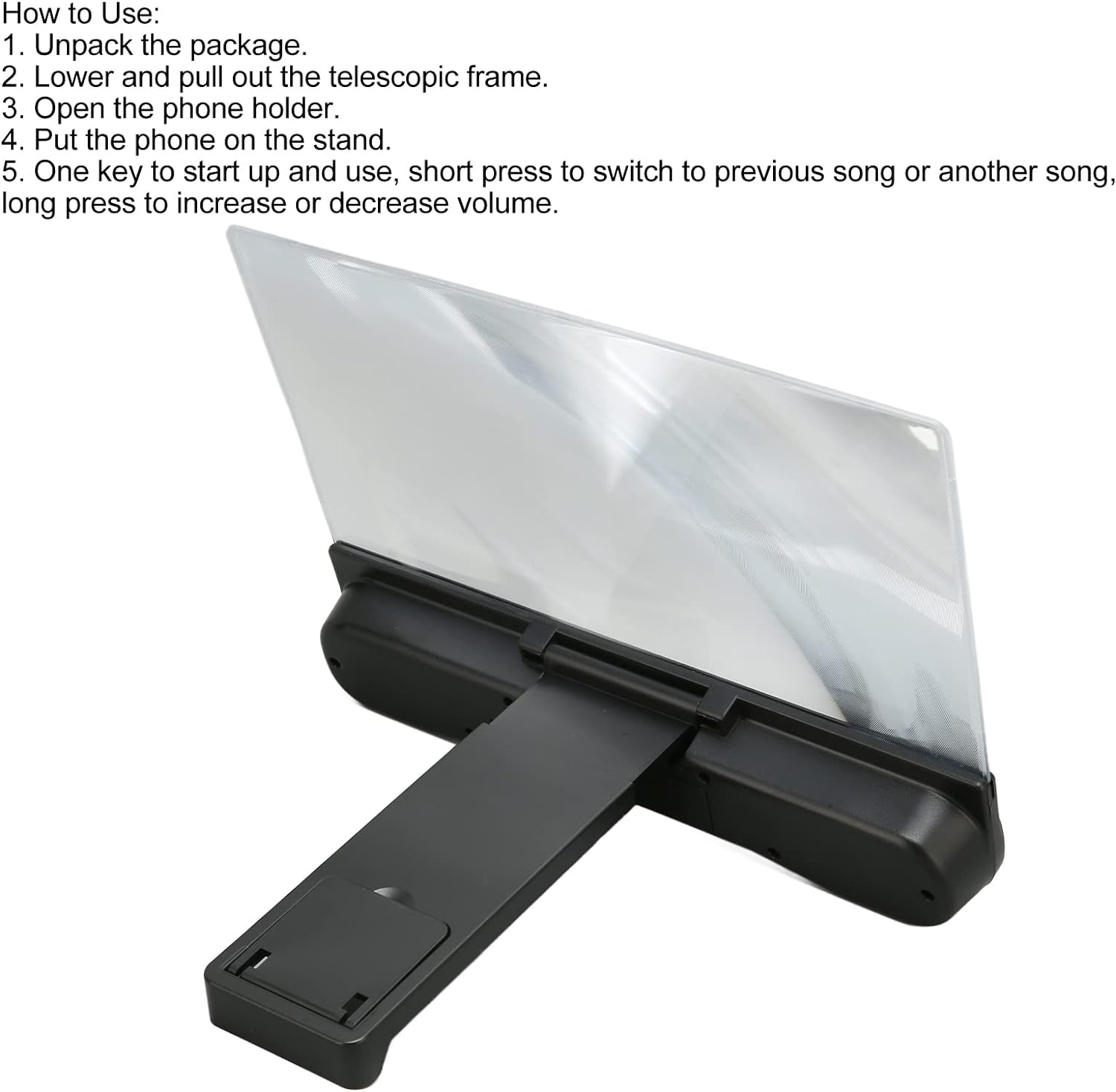 Un soporte negro para teléfono con pantalla de aumento e instrucciones.