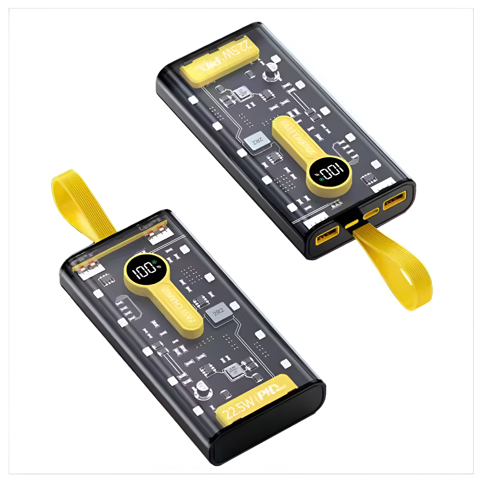 Dos power banks transparentes con detalles amarillos y pantalla digital que muestra 100%.