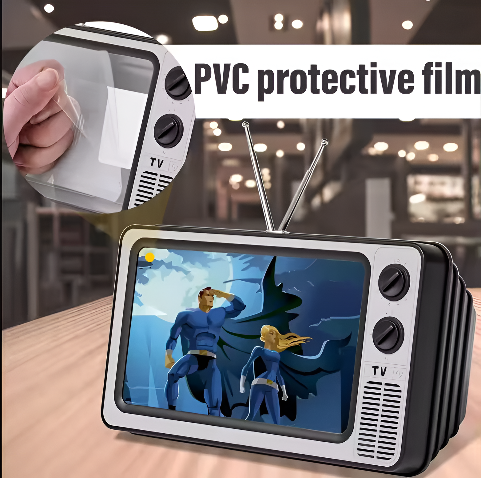 TV retro reproduciendo dibujos animados, con film protector.