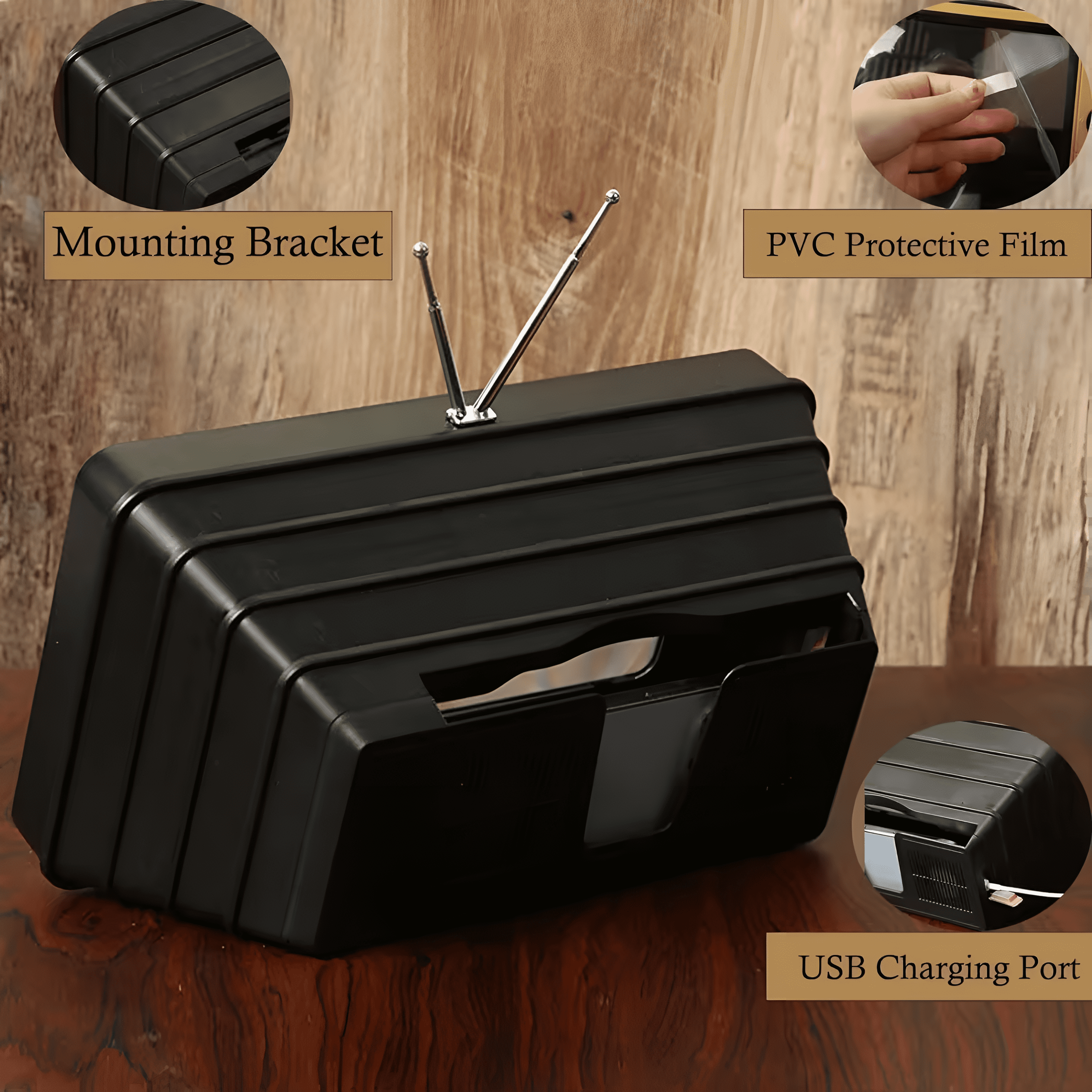 Caja negra con antenas, soporte de montaje y puerto de carga USB.