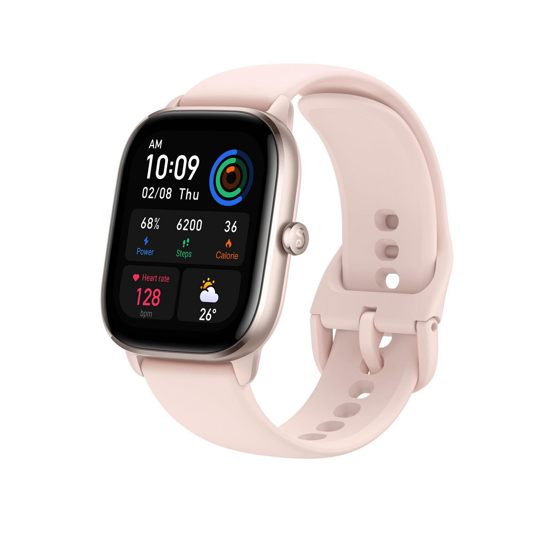 Uno smartwatch rosa con quadrante quadrato che mostra ora, frequenza cardiaca, passi e calorie.